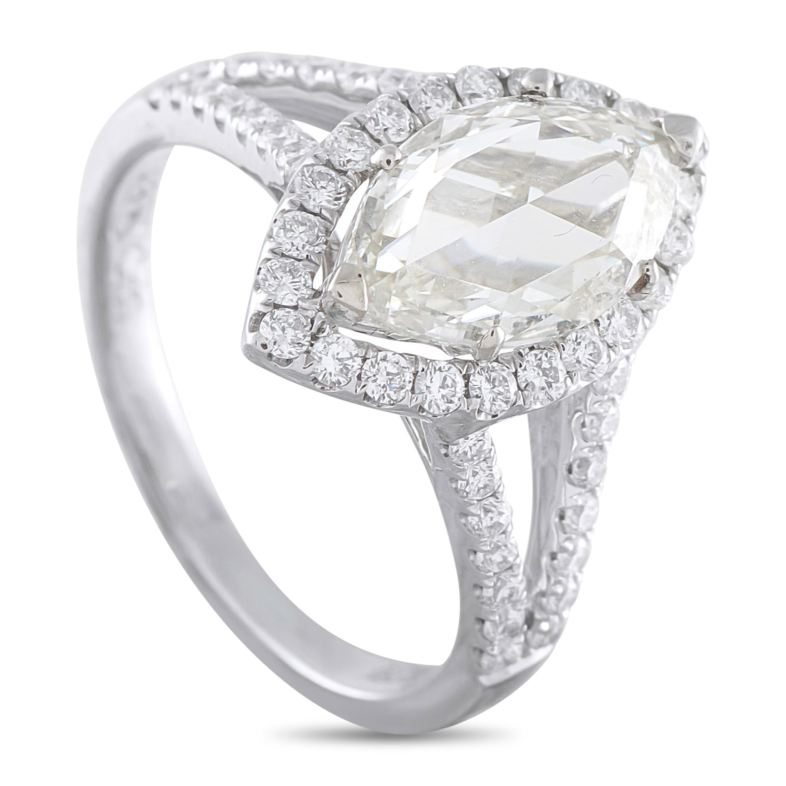 18K White Gold 2.13ct Diamond Ring: This radiant ring will continually impress. The 18K White Gold setting beautifully showcases the 1.63 carat marquise-cut Diamond center stone. Additional Diamond accents totaling 0.50 carats allow thi