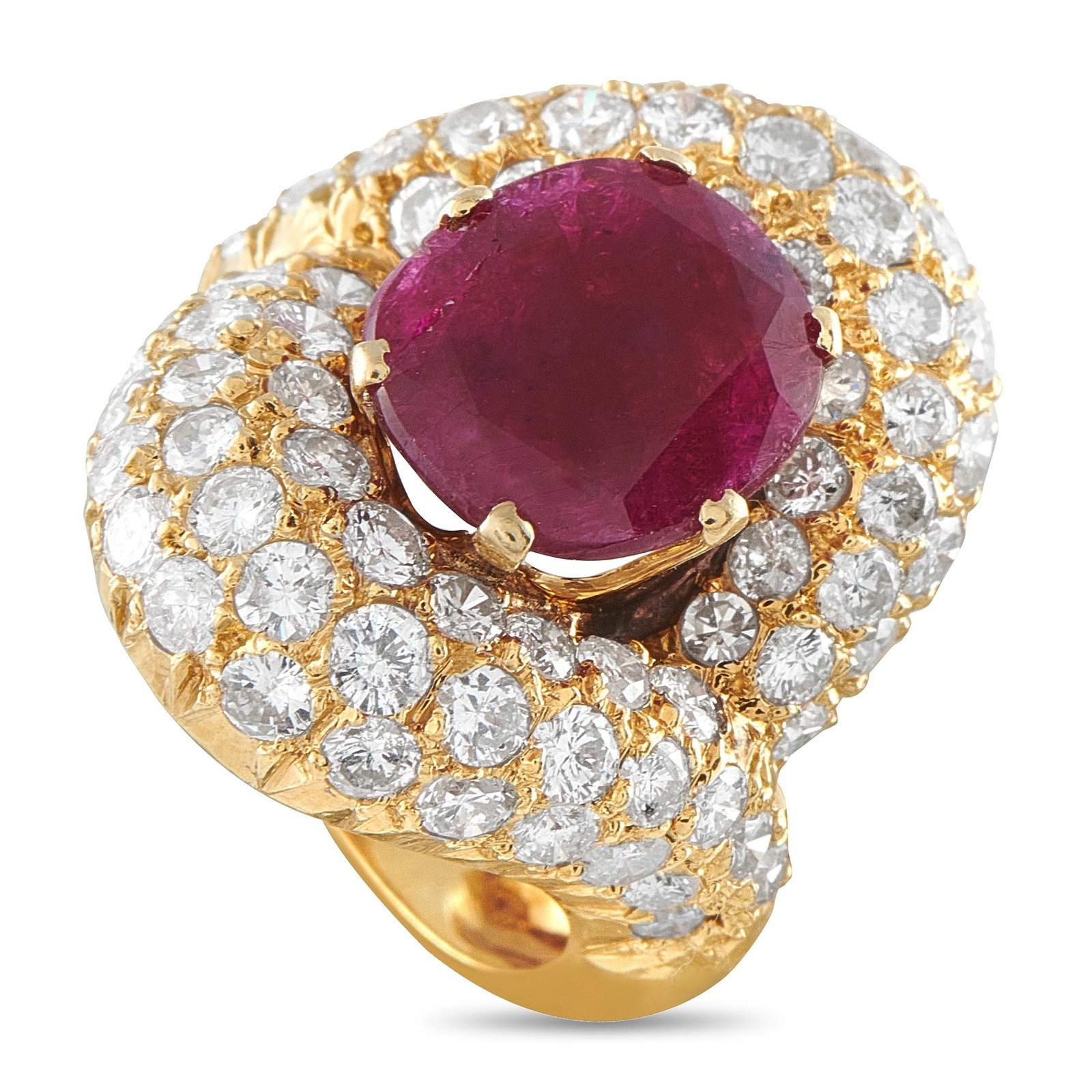 18K Yellow Gold 3.50ct Diamond and Ruby Cocktail Ring: A magnificent cocktail ring in 18K yellow gold, centering a prong-set round ruby totaling 2.70 carats atop a sweeping pavé dome of round brilliant diamonds totaling 3.50 carats. The bold, convex top