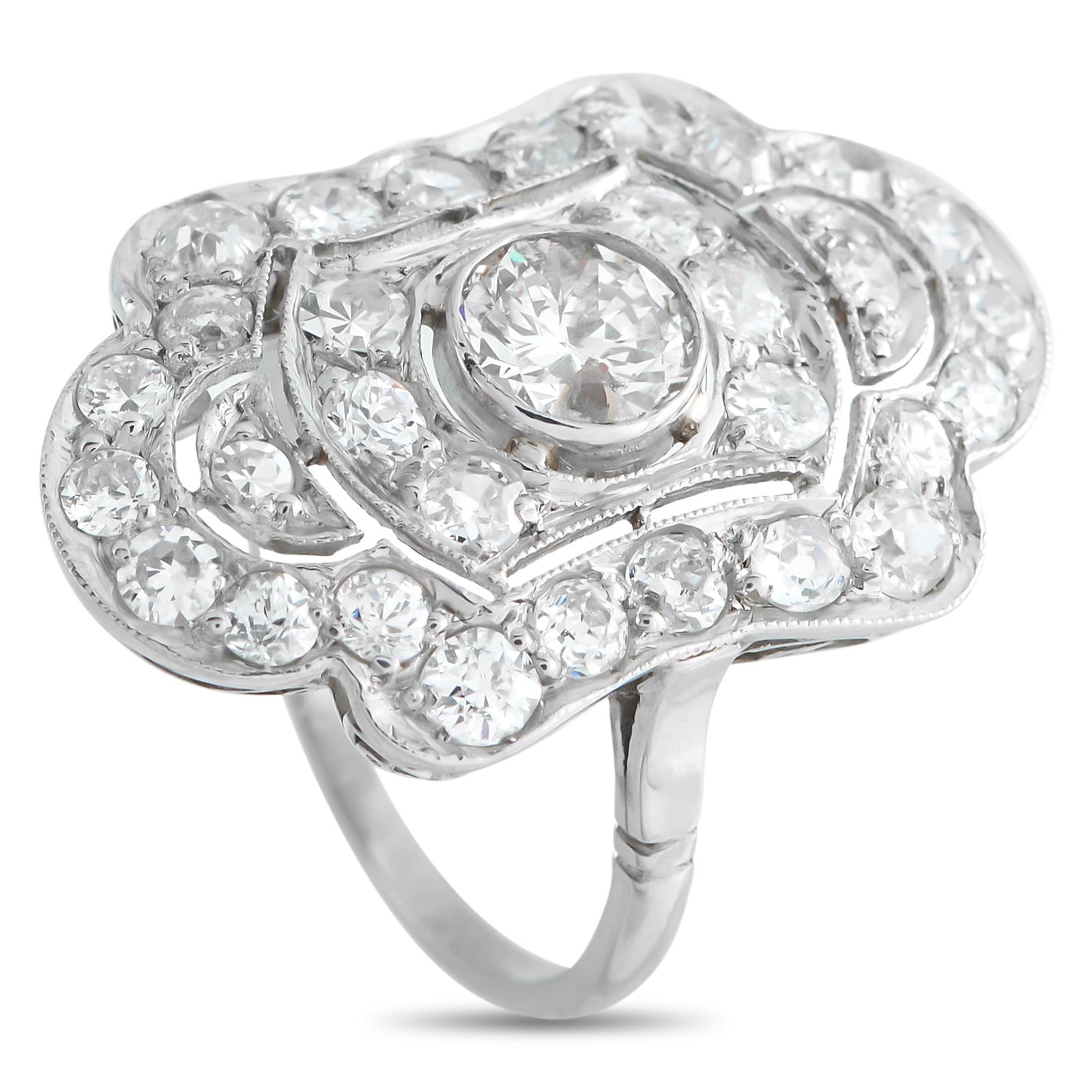 Platinum 2.30ct Diamond Ring: This luxury ring exudes Art Deco elegance. Crafted from Platinum, the dynamic design is elevated by a 0.80 carat Diamond center stone and additional Diamonds totaling 1.50 carats. It features a 2mm