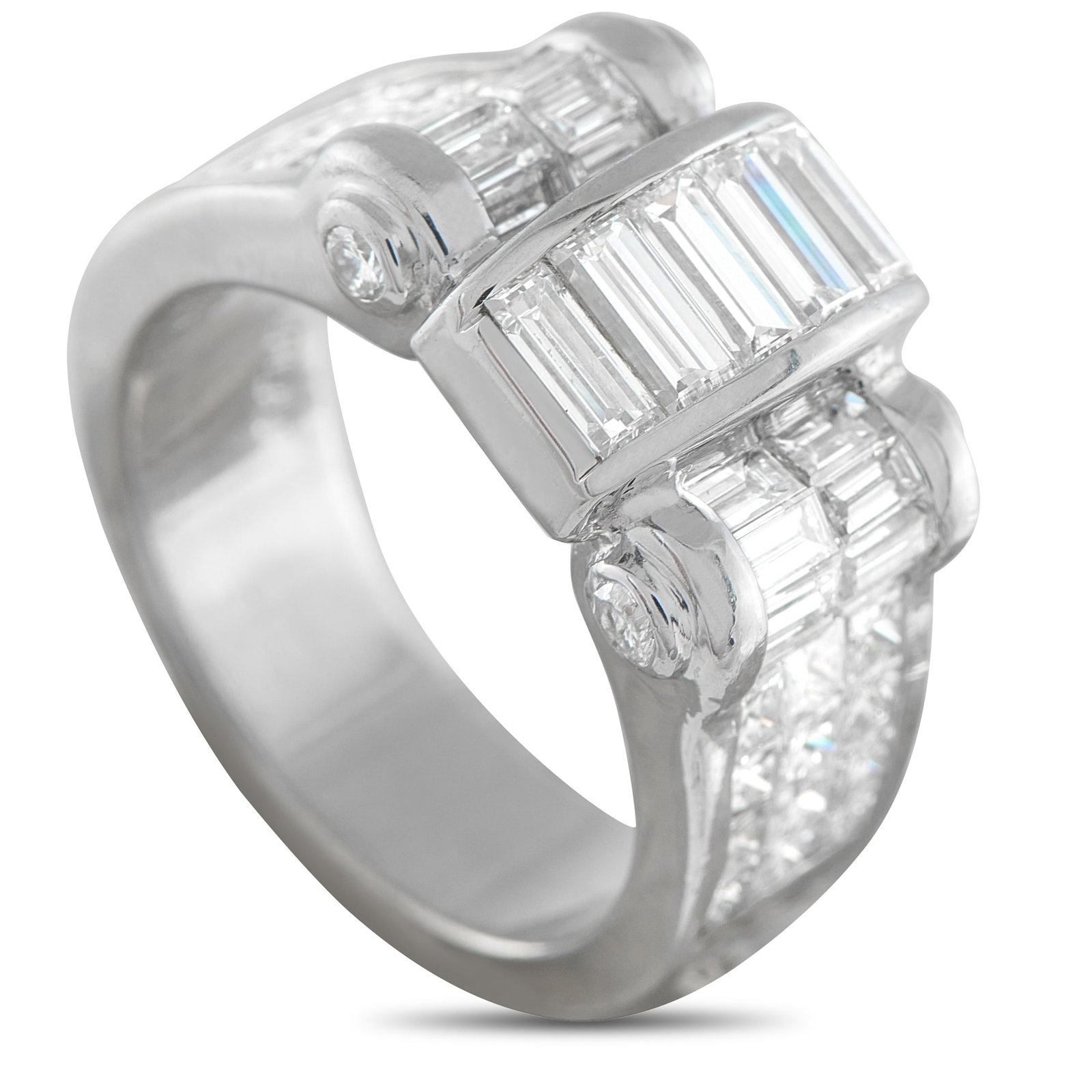 Platinum 2.75ct Diamond Ring: This dazzling ring is incredibly chic. Diamonds with a total weight of 2.75 carats – including invisible-set Diamonds at the sides, Diamond baguettes at the top, and thoughtfully placed round-cut Di