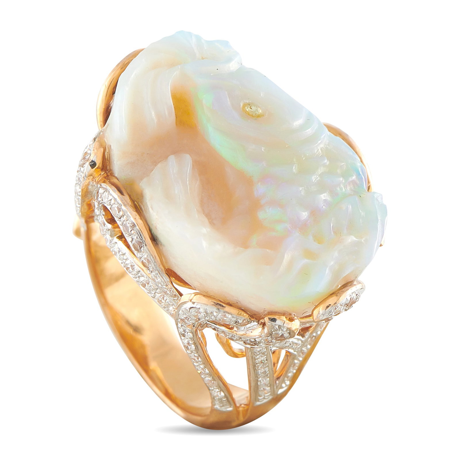 18K Rose Gold 0.75ct Diamond and Carved Opal Fish Ring: This exquisite ring is an artistic piece that will continually take your breath away. At the center, a carved Opal in the shape of a fish provides this piece with a luminous quality. Diamonds with a t