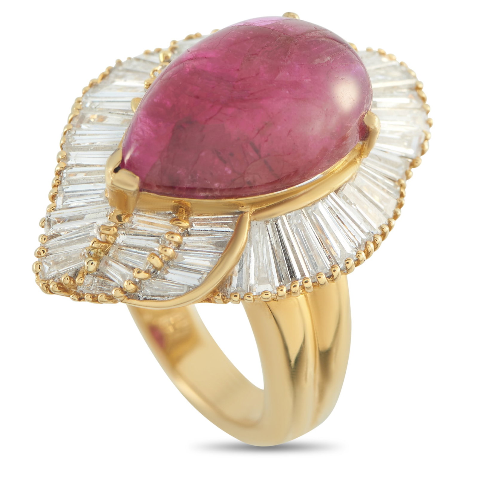 18K Yellow Gold 1.89ct Diamond and Ruby Ring: A pear-shaped 8.0 carat Ruby cabochon adds a stylish pop of color to this impressive luxury ring. Set in 18K Yellow Gold, Diamond baguettes with a total weight of 1.89 carats surround the center
