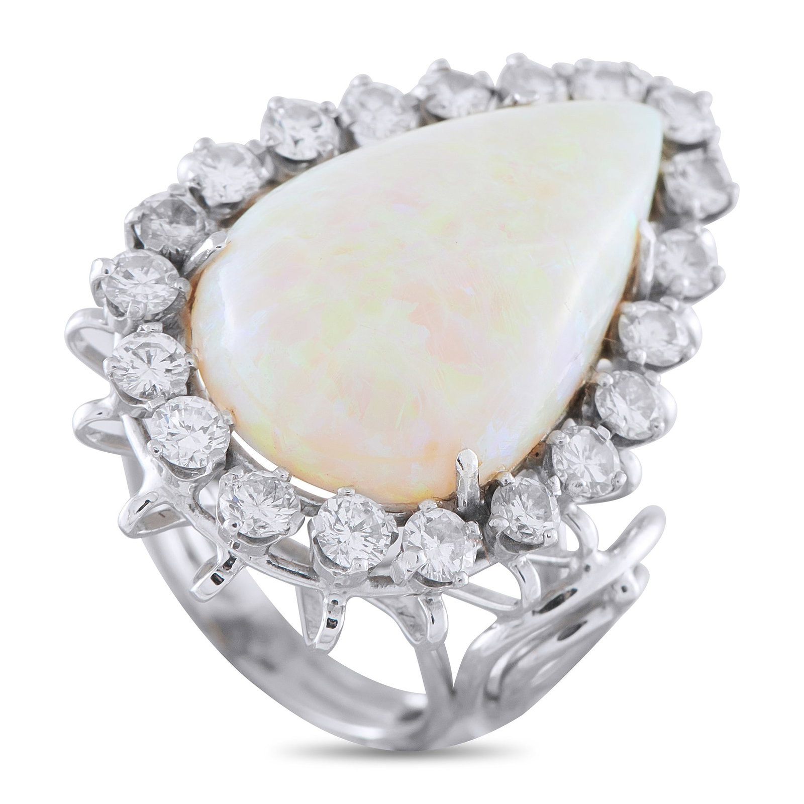 18K White Gold 2.30ct Diamond and Opal Ring: This luxury ring is simply unforgettable. At the center of the elegant 18K White Gold setting, a luminous 13.0 carat Opal gemstone makes a stunning statement. It’s surrounded by Diamonds totaling