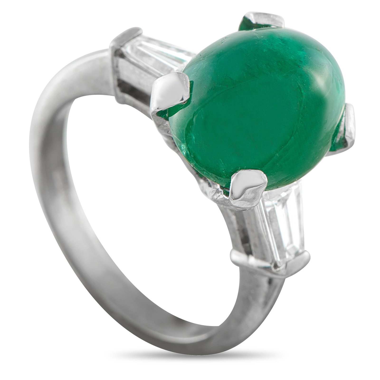 18K White Gold 0.40ct Diamond and Emerald Ring: A bold emerald takes the lead. The 6.25-carat verdant cabochon rises above the finger on four prongs, its rounded surface elevated to an 11mm height for clear impact. The setting keeps the look stream