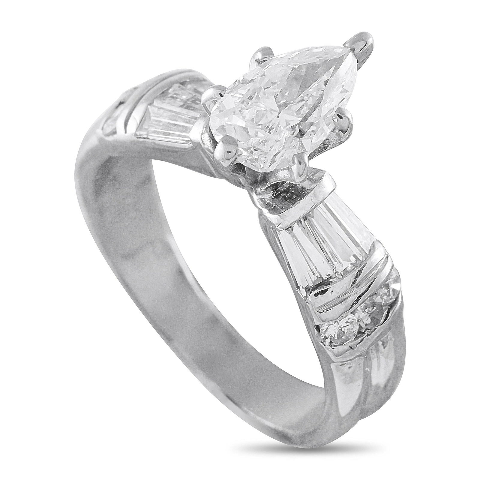 Platinum 1.64ct Diamond Ring: A classic estate platinum ring set with a pear shaped center diamond of approximately 1.05 carats in a four-prong setting, flanked by tapered baguette and round brilliant diamond accents totaling appr