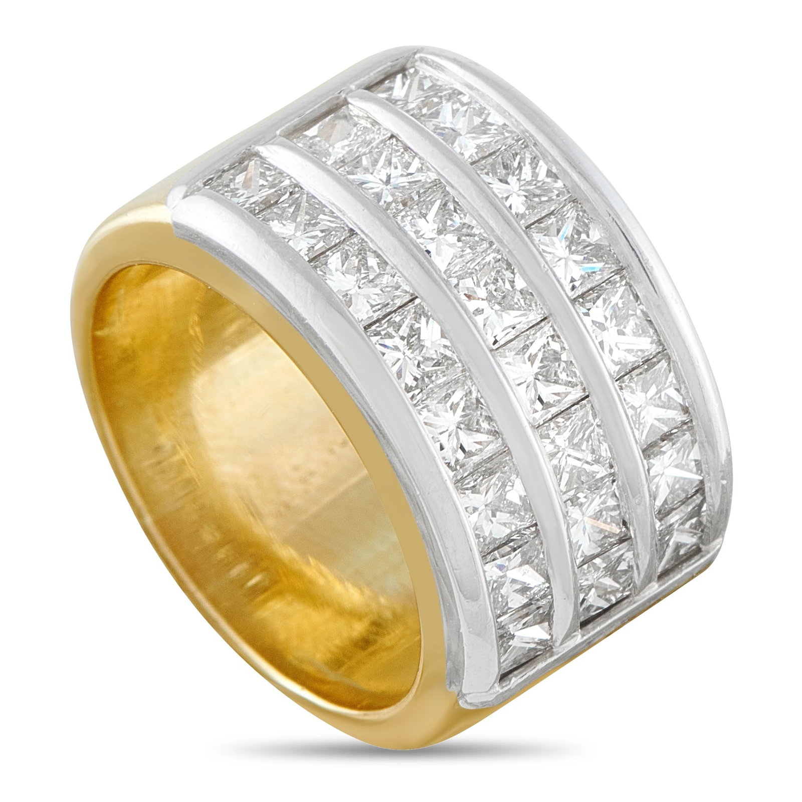 18K Yellow Gold 2.88ct Diamond Three-Row Princess Cut Channel Band: A bold and polished band ring in 18K yellow gold, set with three continuous rows of channel-set princess cut diamonds totaling 2.88 carats. The wide, flat-topped band presents a striking geometric dis