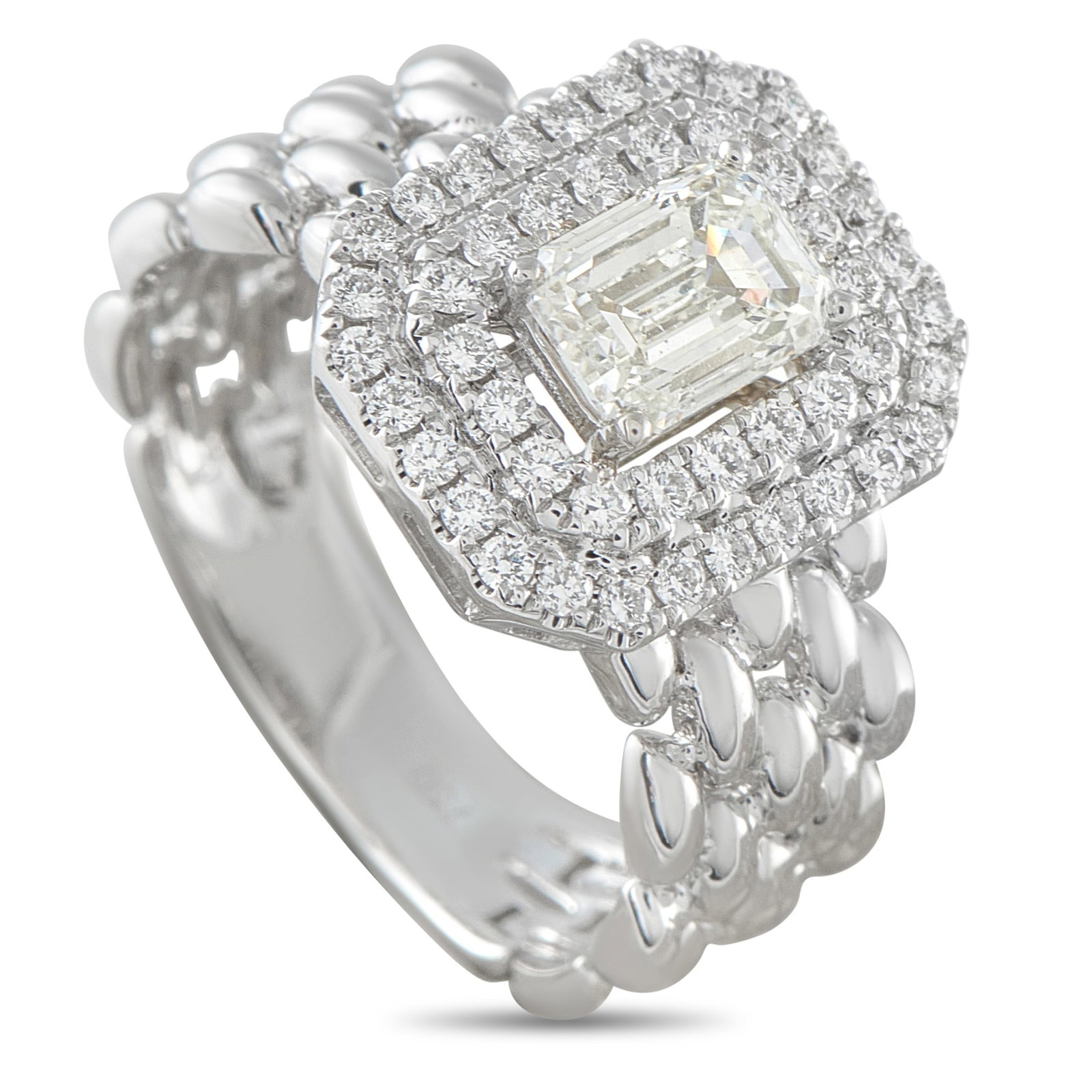 18K White Gold 1.30ct Diamond Ring: This impeccably crafted ring is filled with dramatic details. Set in 18K White Gold, a textured band sets the stage for this impressive accessory. A 0.92 carat Diamond makes a statement at the center,
