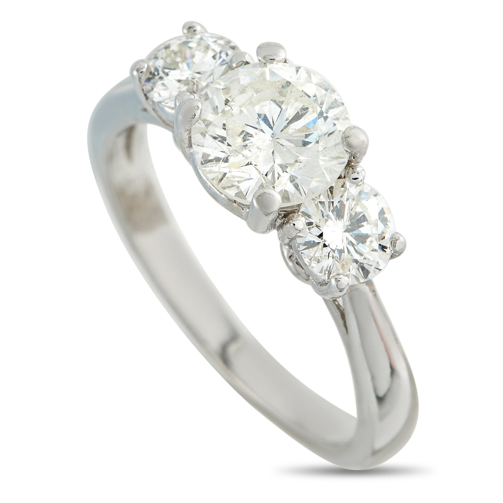 Platinum 1.90ct Diamond Three Stone Ring: A classic three stone design ensures that this luxury ring will never go out of style. Set in Platinum, a 1.20 carat round-cut Diamond makes a statement at the center. It’s elevated by Diamond accen