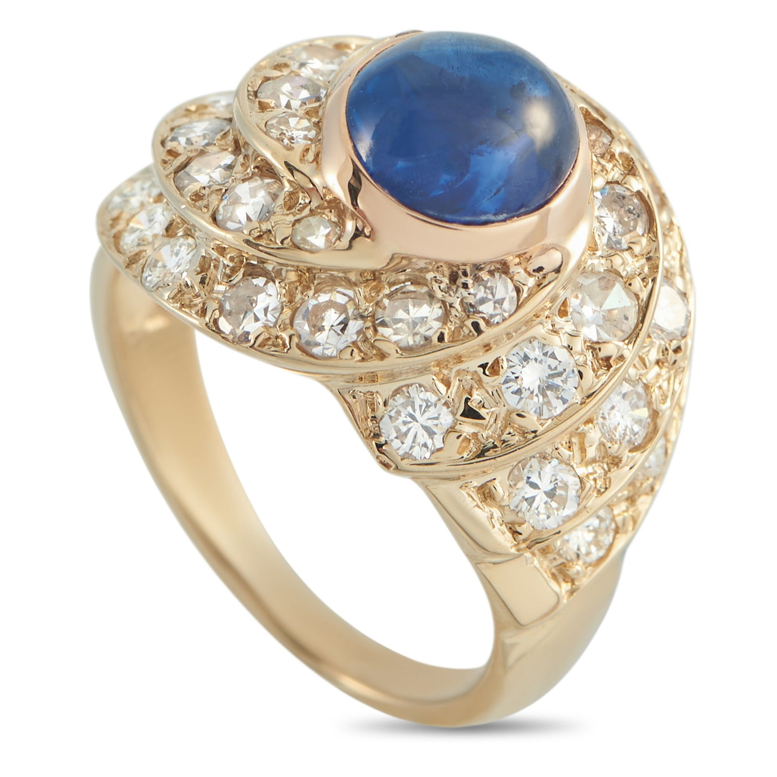 14K Yellow Gold 2.15ct Diamond and Sapphire Ring: For those who favor volume and motion in their jewelry, this 18k yellow gold ring builds upward in sculpted tiers. At the summit rests a 1.50-carat cabochon sapphire, its smooth dome of deep blue