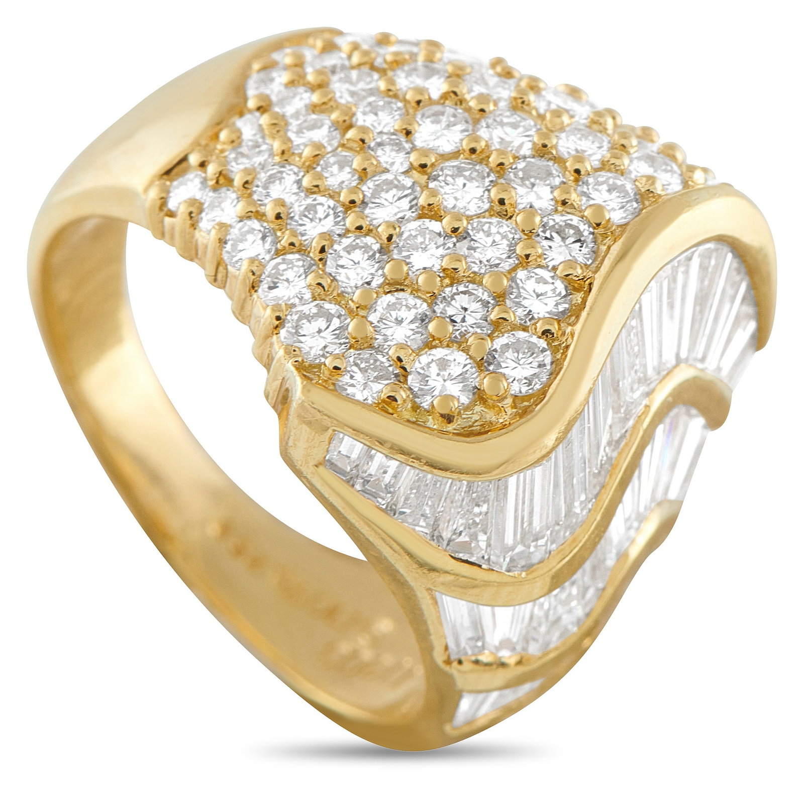 18K Yellow Gold 3.09ct Diamond Ring: An opulent 18K Yellow Gold setting makes ring a unique addition to any luxury jewelry collection. Rows of Diamond baguettes add contemporary elegance to one side of the design, while round-cut