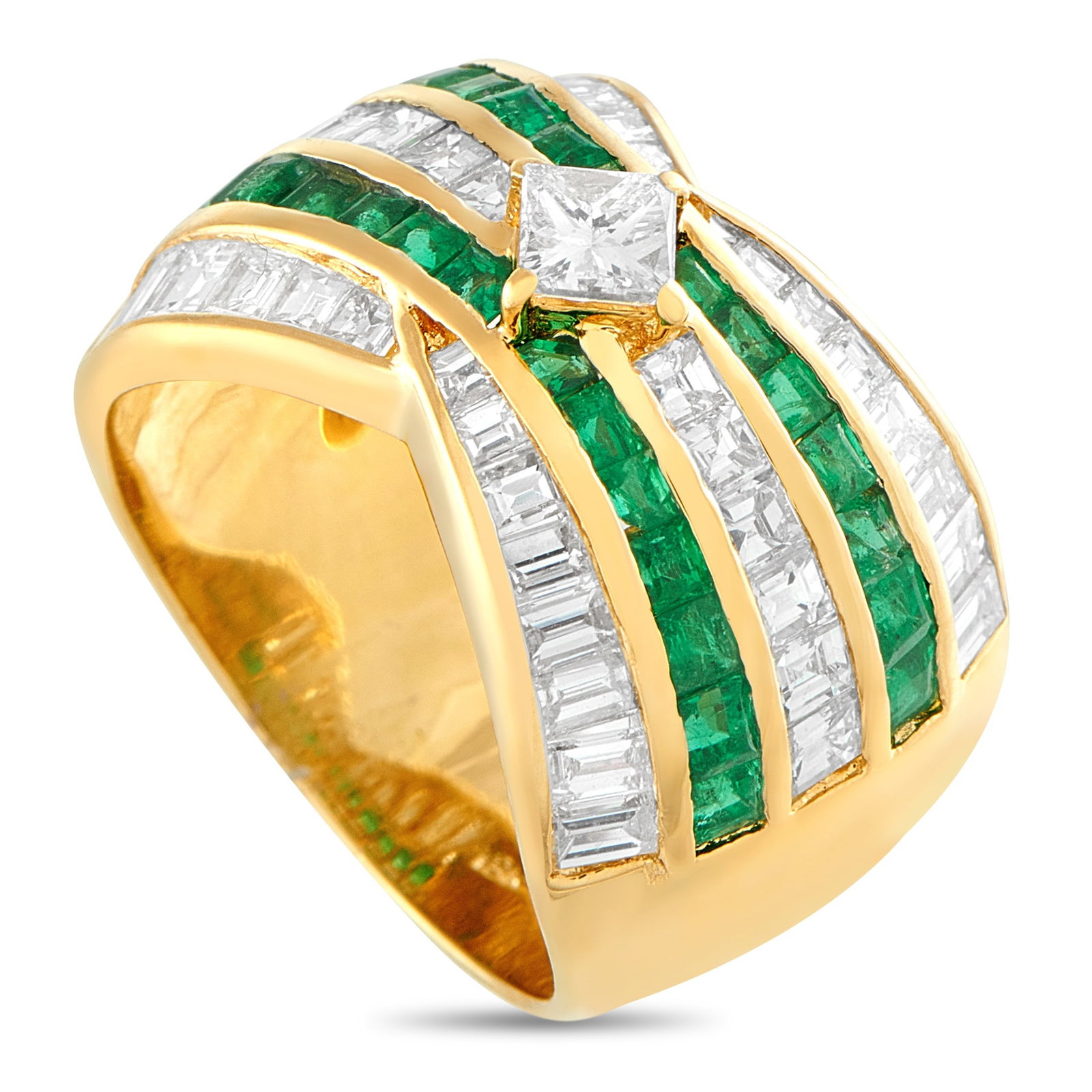 18K Yellow Gold 2.67ct Diamond and Emerald Wide Band: A statement ring that combines color, structure, and geometry. This 18K yellow gold ring is designed with a 10mm wide band lined with five rows of gemstones. Two feature vivid emeralds while the