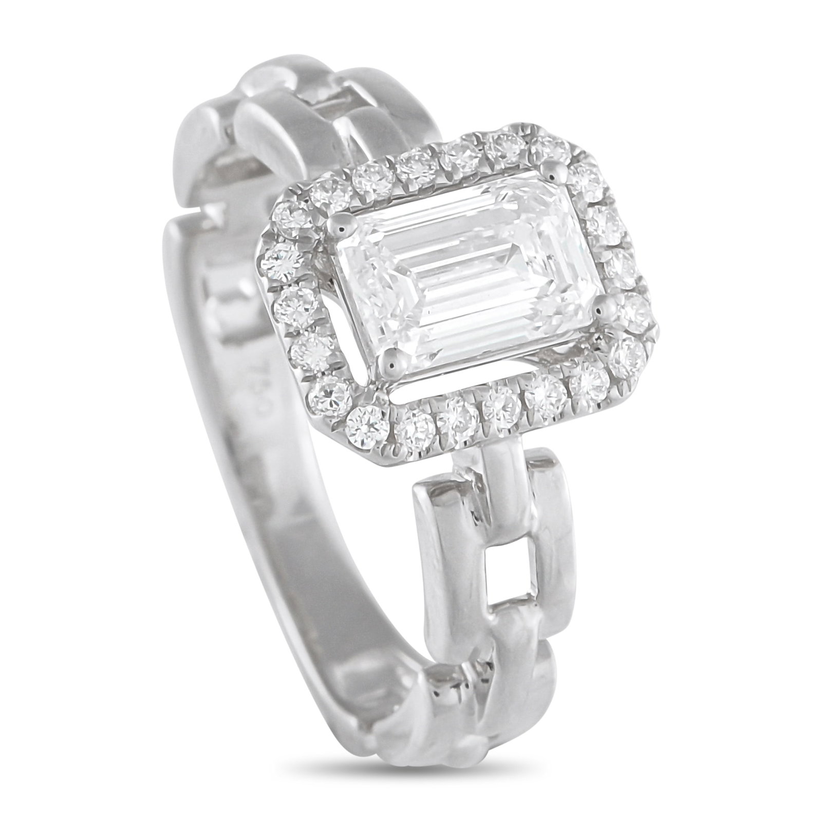 18K White Gold 1.25ct Diamond Square Link Ring: This piece sets its 1.05-carat emerald-cut diamond center stone apart with intention. Four claw prongs hold the central gem high, leaving a slim gap before the halo of round diamonds begins. The