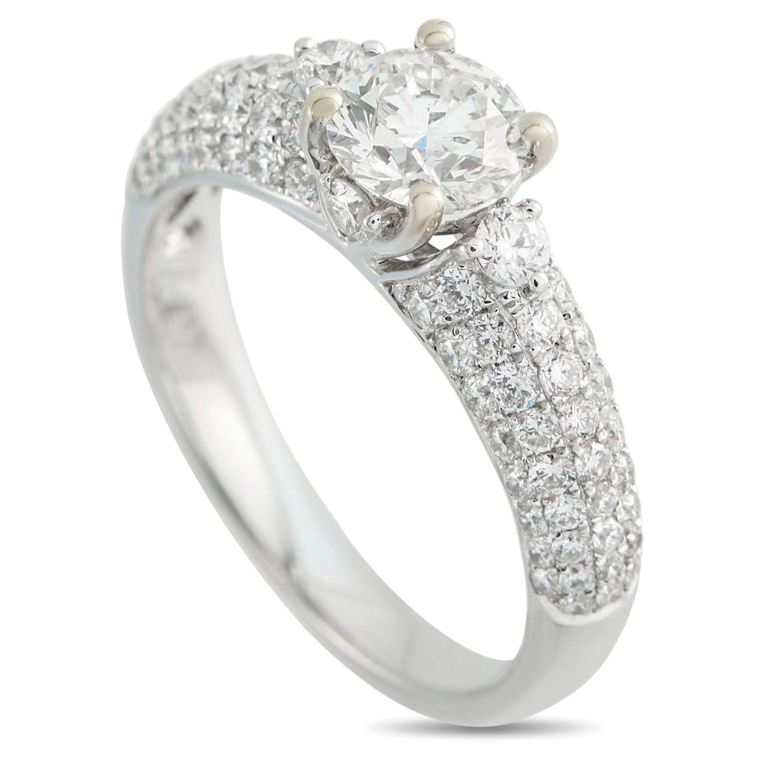 18K White Gold 1.54ct Diamond Ring: Add a touch of luxury to any ensemble with this exquisite ring. A 0.77 carat round-cut Diamond makes a statement at the center, while additional Diamonds totaling 0.77 carats extend onto the band.