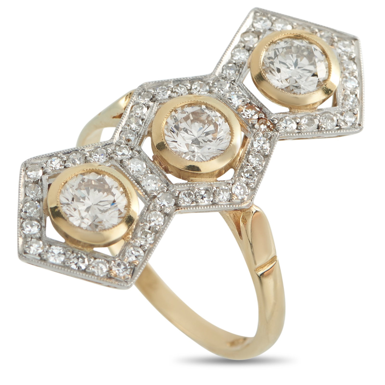 18K Yellow Gold 1.95ct Diamond Ring: A unique, Art Deco inspired design makes this vintage ring a work of art. Set in 18K Yellow Gold, Diamonds totaling 1.95 carats elevate the striking geometric design. It features a 1mm wide band and a