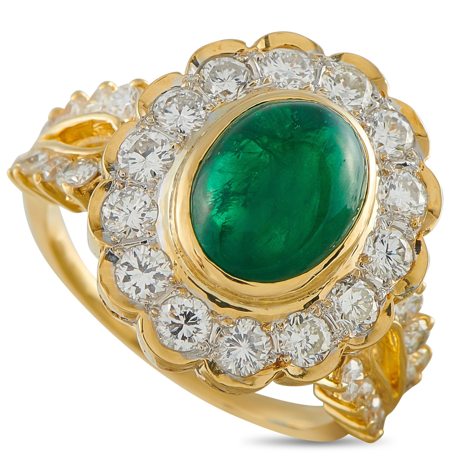 18K Yellow Gold 1.50ct Diamond and Emerald Ring: An opulent design makes this ring an instant classic. The ornate 18K Yellow Gold setting beautifully showcases sparkling Diamonds totaling 1.50 carats. At the center, a 3.60 carat Emerald cabochon ser