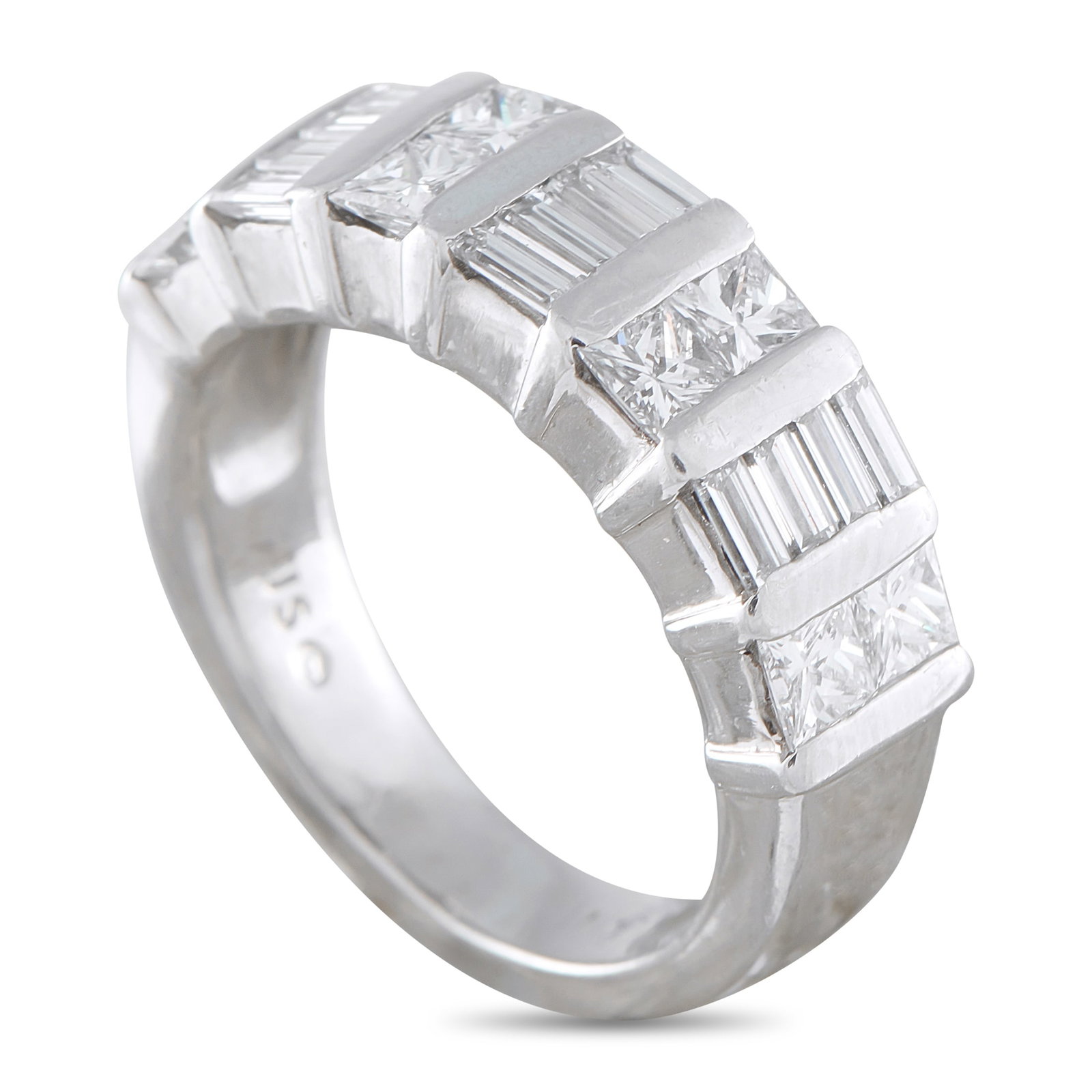 Platinum 1.61ct Diamond Ring: Diamond baguettes and square-cut Diamonds totaling 1.61 carats provide this ring with subtle sparkle. Chic, elegant, and ideal for everyday wear, the sleek Platinum setting features a 4mm wide band
