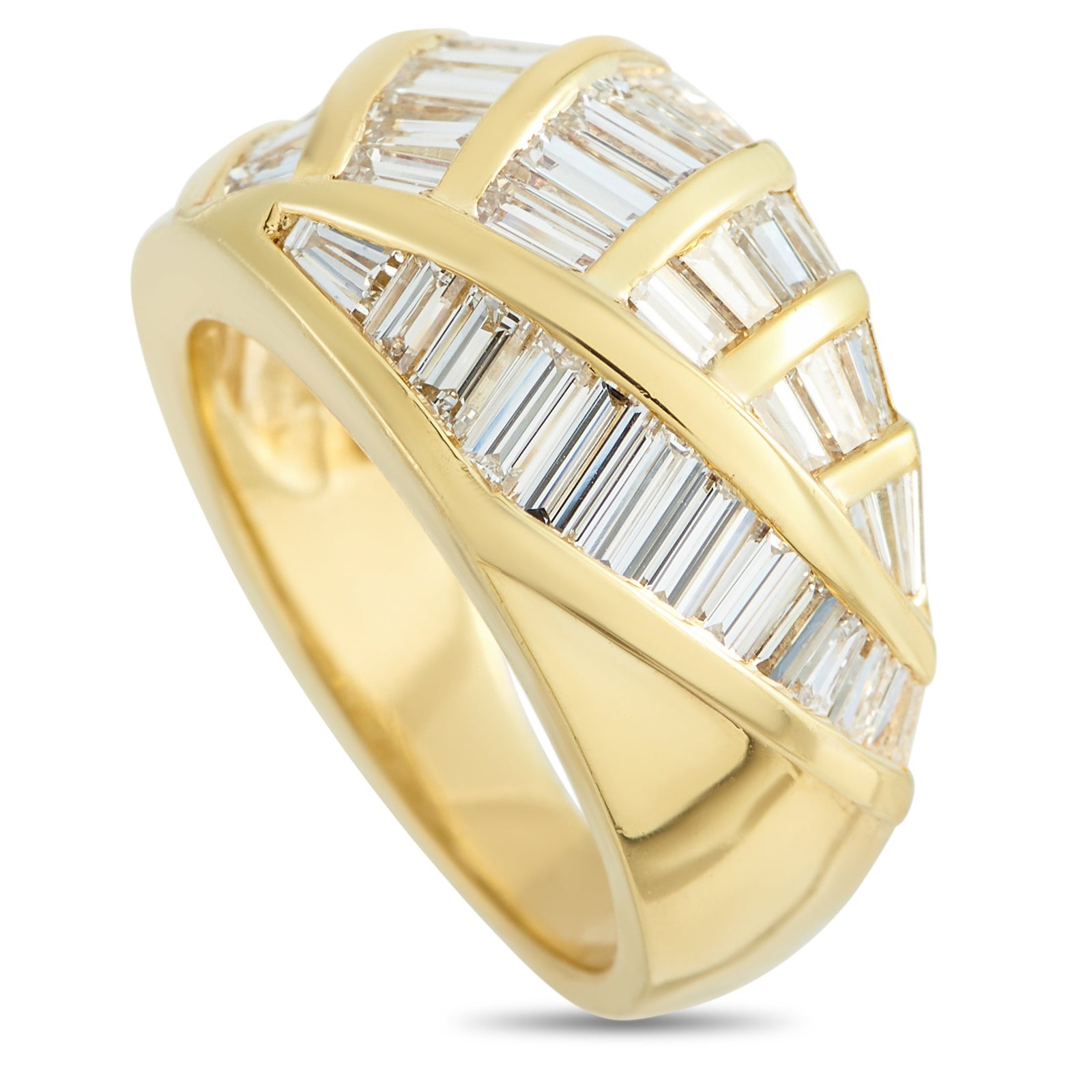 18K Yellow Gold 2.60ct Diamond Ring: A graphic diamond arrangement defines this yellow gold ring. Its wide, sculpted top measuring 12x20mm features step-cut diamonds set in diagonal channels that run in opposite directions. The stones ar