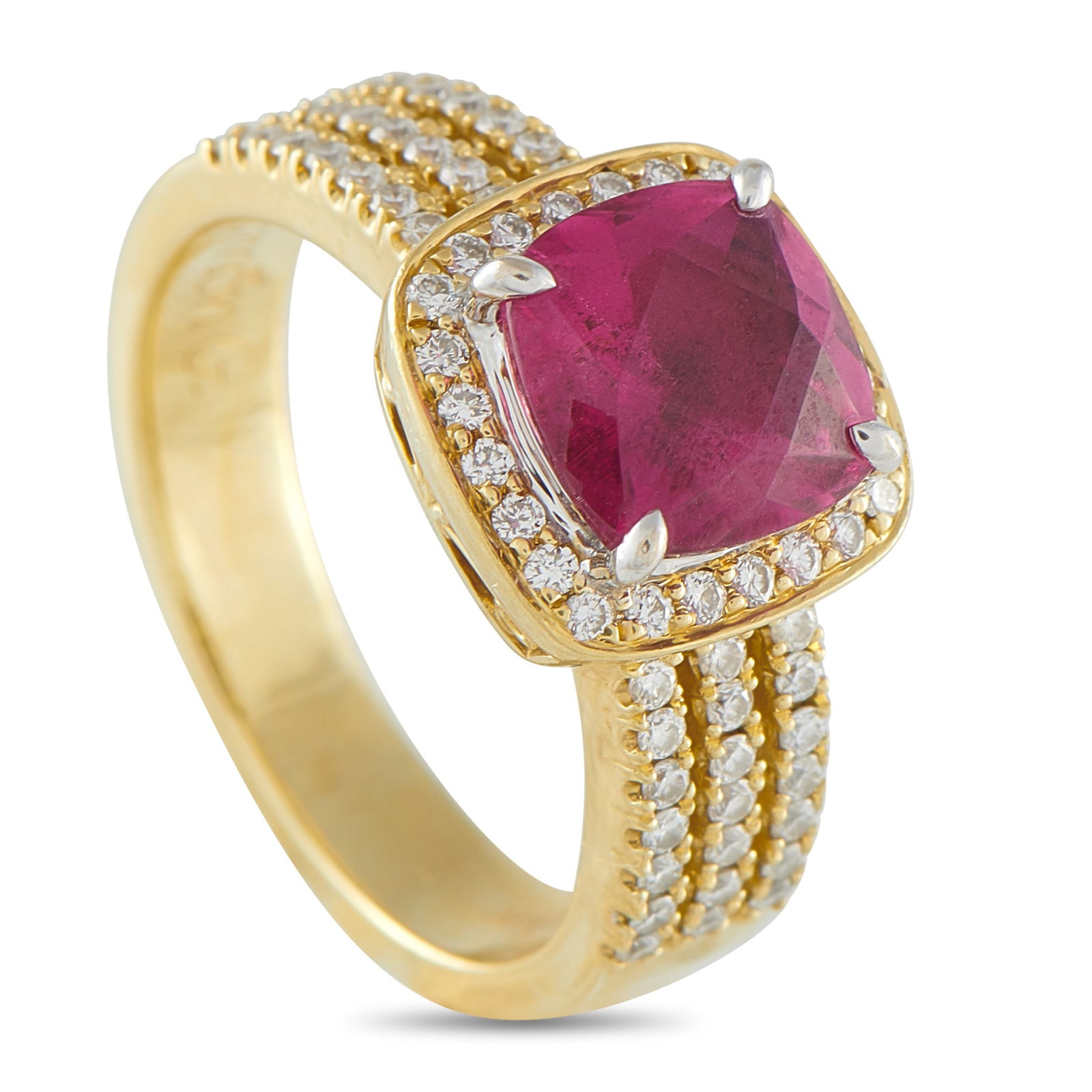 Simon G 18K Yellow Gold 0.45ct Diamond and Rubellite Ring: This Simon G ring is a classic piece that will never go out of style. A 2.01 Rubellite gemstone adds an elegant pop of color to the center of the 18K Yellow Gold setting. Diamonds with a total weight