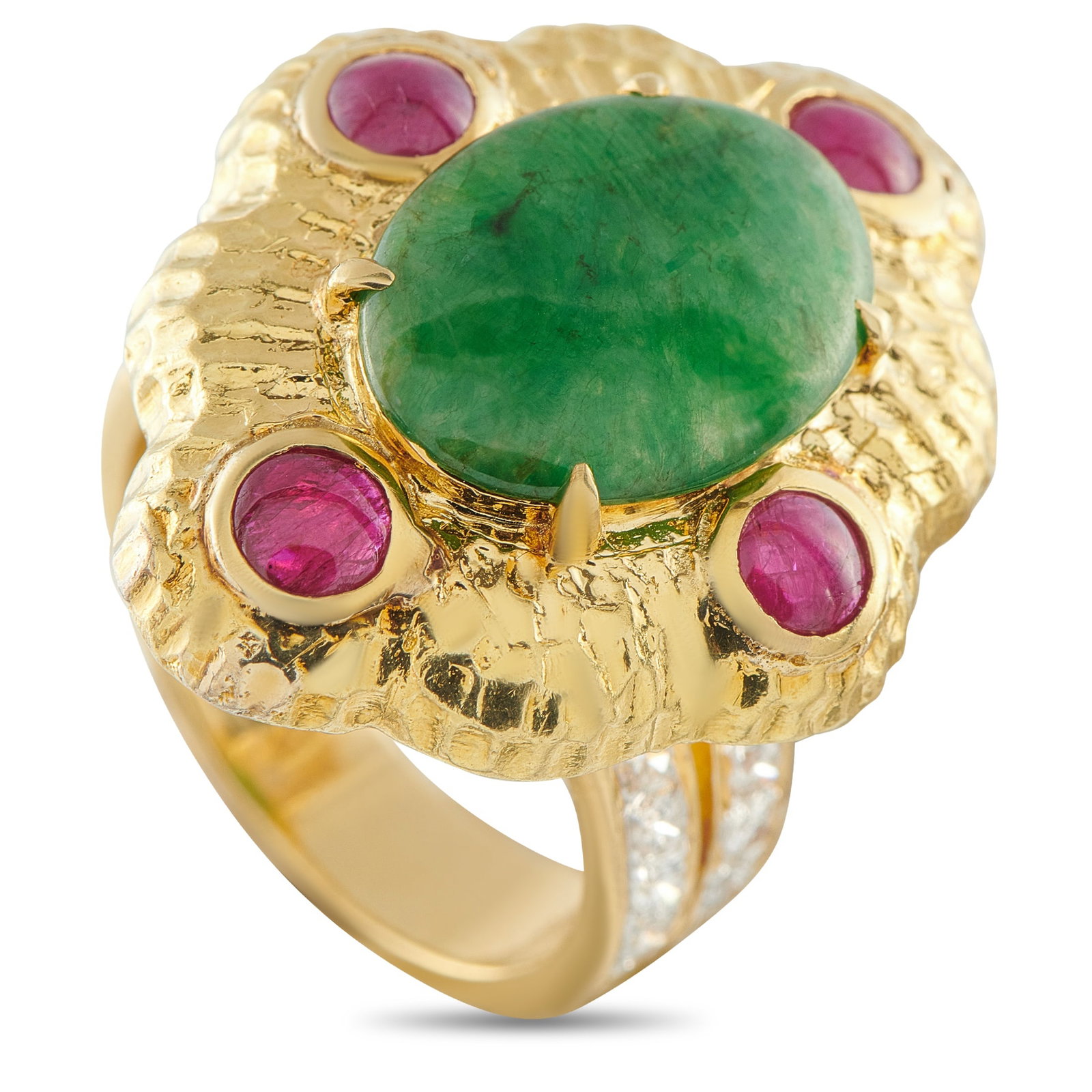 18K Yellow Gold 0.48ct Diamond, Ruby, and Jade Ring: This luxury ring possesses an inherent opulence. The bold 18K Yellow Gold setting beautifully showcases this piece’s striking Jade center stone and vibrant Ruby accents. Diamonds with a total weight