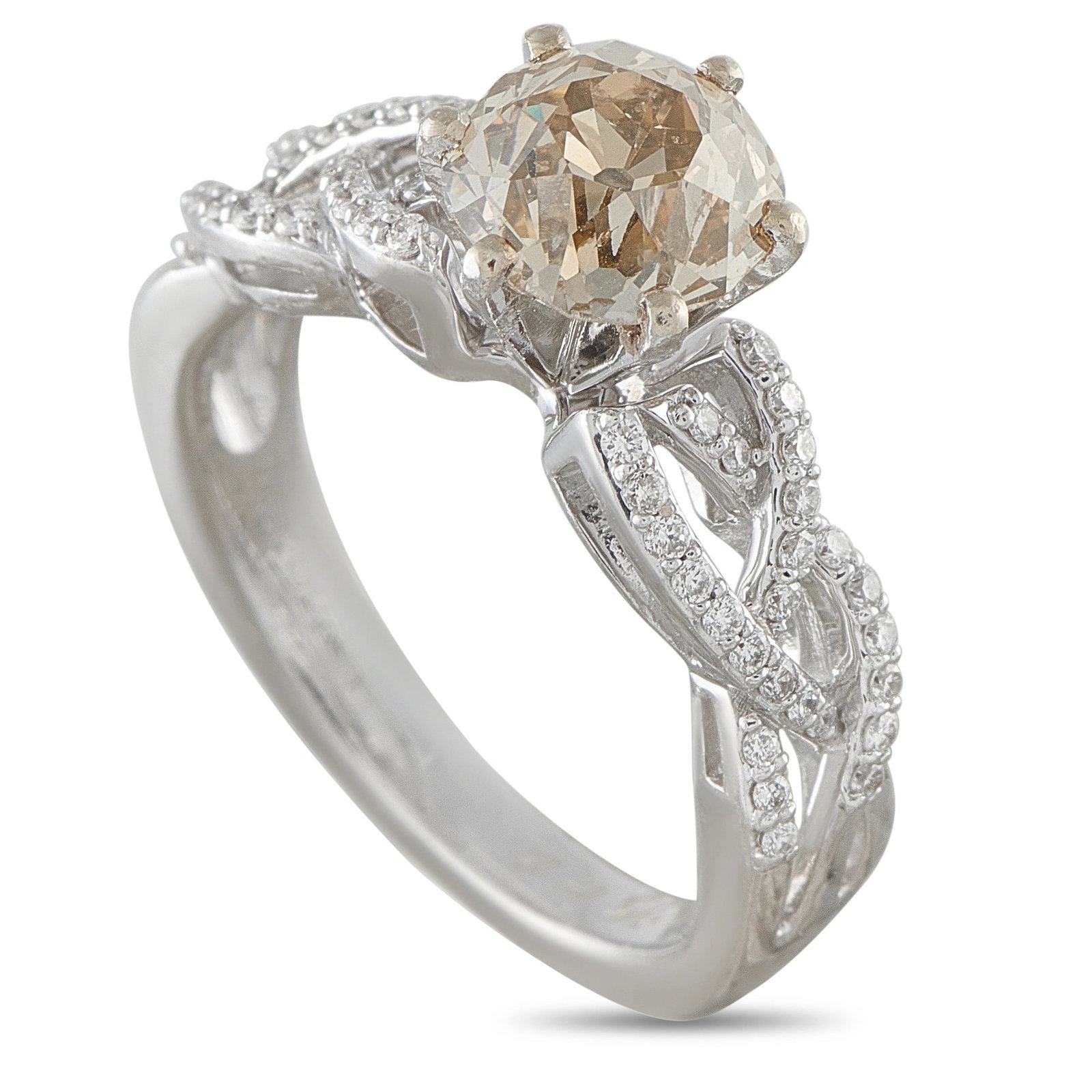 18K White Gold 2.20ct Old Mine-Cut Diamond Ring: A breathtaking ring in 18K white gold, centering a warm champagne old mine cut diamond of approximately 1.95 ct prong-set above a sculpted gallery, flanked by pave-set round accent diamonds totaling 0