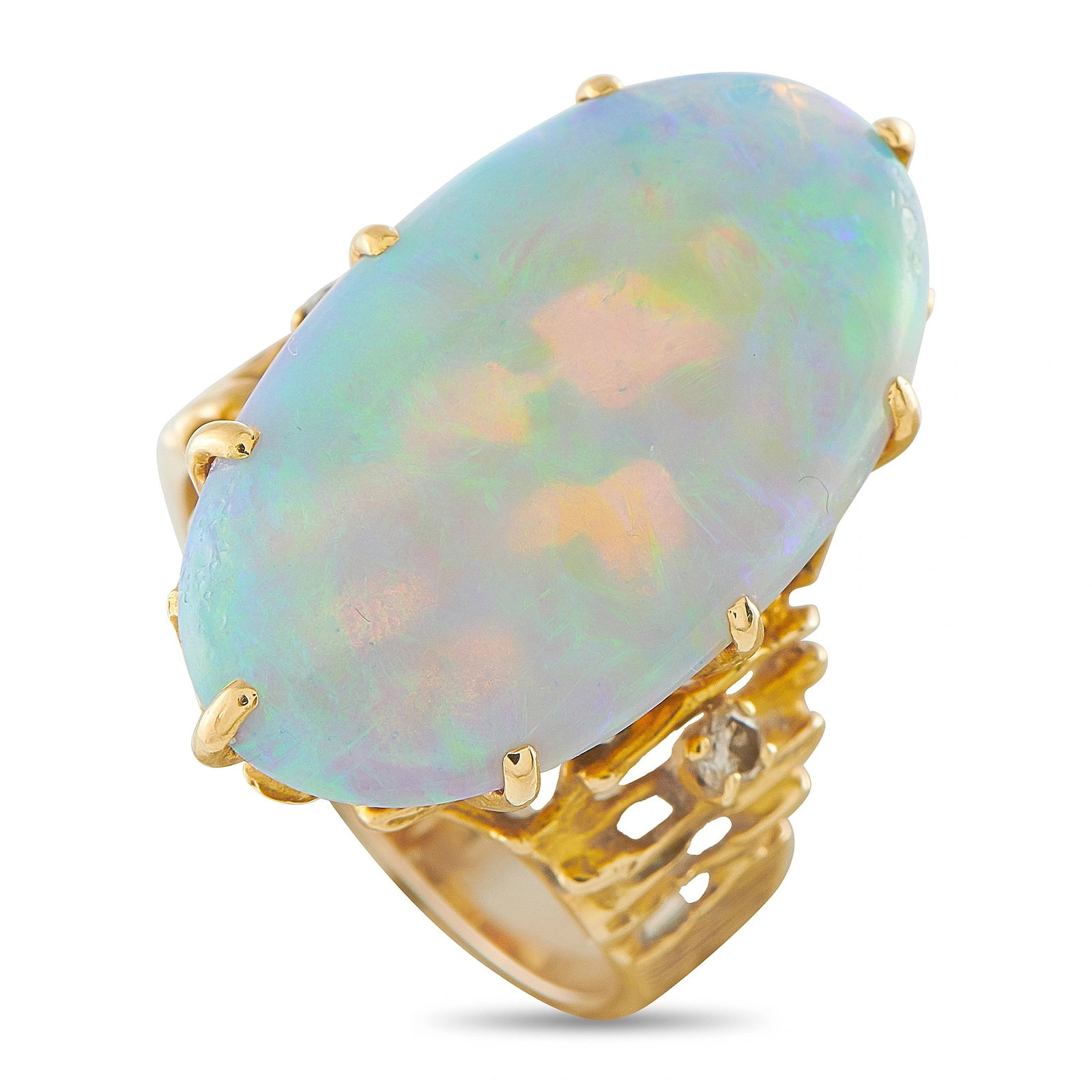 18K Yellow Gold 12.0ct Opal Cocktail Ring: A striking estate cocktail ring featuring a large oval opal cabochon weighing approximately 12.00 carats, celebrated for its luminous body and vibrant play-of-color displaying sweeping flashes of teal