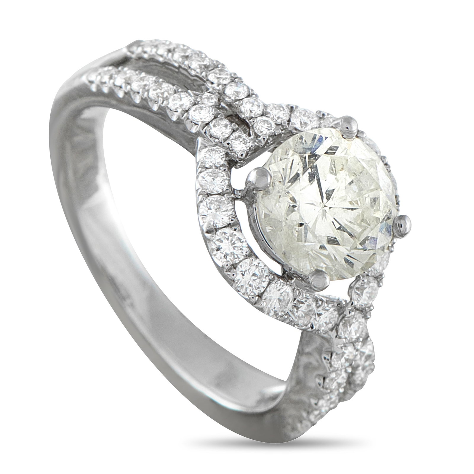 18K White Gold 2.09ct Diamond Ring: A 1.54 carat Diamond seemingly floats at the center of this elegant luxury ring. Crafted from 18K White Gold, the openwork setting is elevated by additional Diamond accents totaling 0.55 carats. With 
