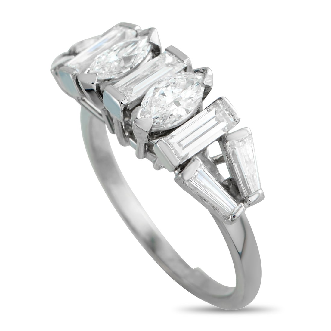 Platinum 2.0ct Diamond Geometric Ring: Dynamic yet still composed. There is a playful quality in the diamond layout featured in this platinum ring. The 2mm band profile stays clean and direct, while the row of diamonds on top introduces va