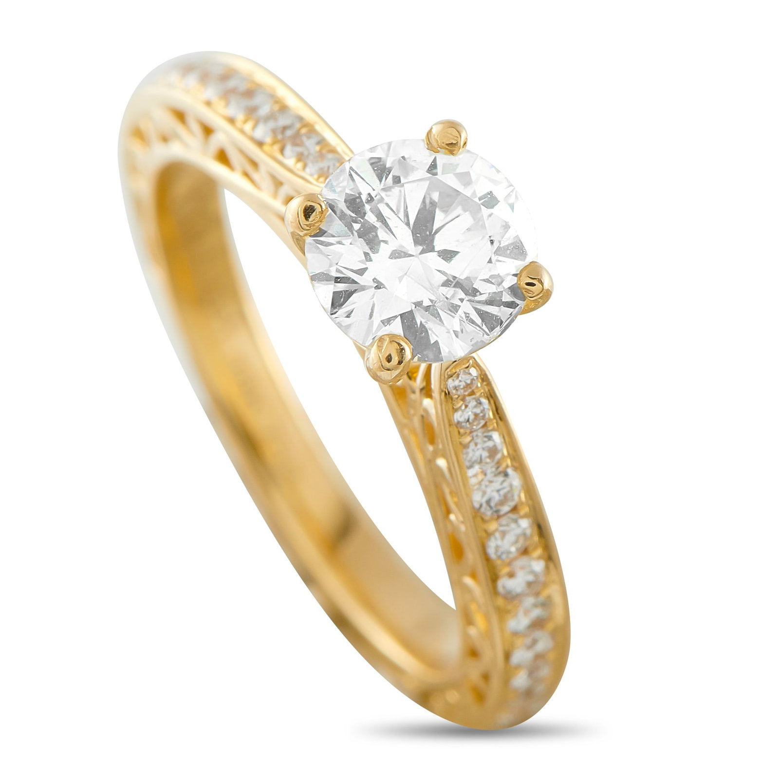 18K Yellow Gold 1.46ct Diamond Engagement Ring: Set in 18K yellow gold, this ring presents a classic prong setting with a 1.05 carat center diamond lifted above the band by four slender prongs. The raised profile gives the stone clarity and presenc