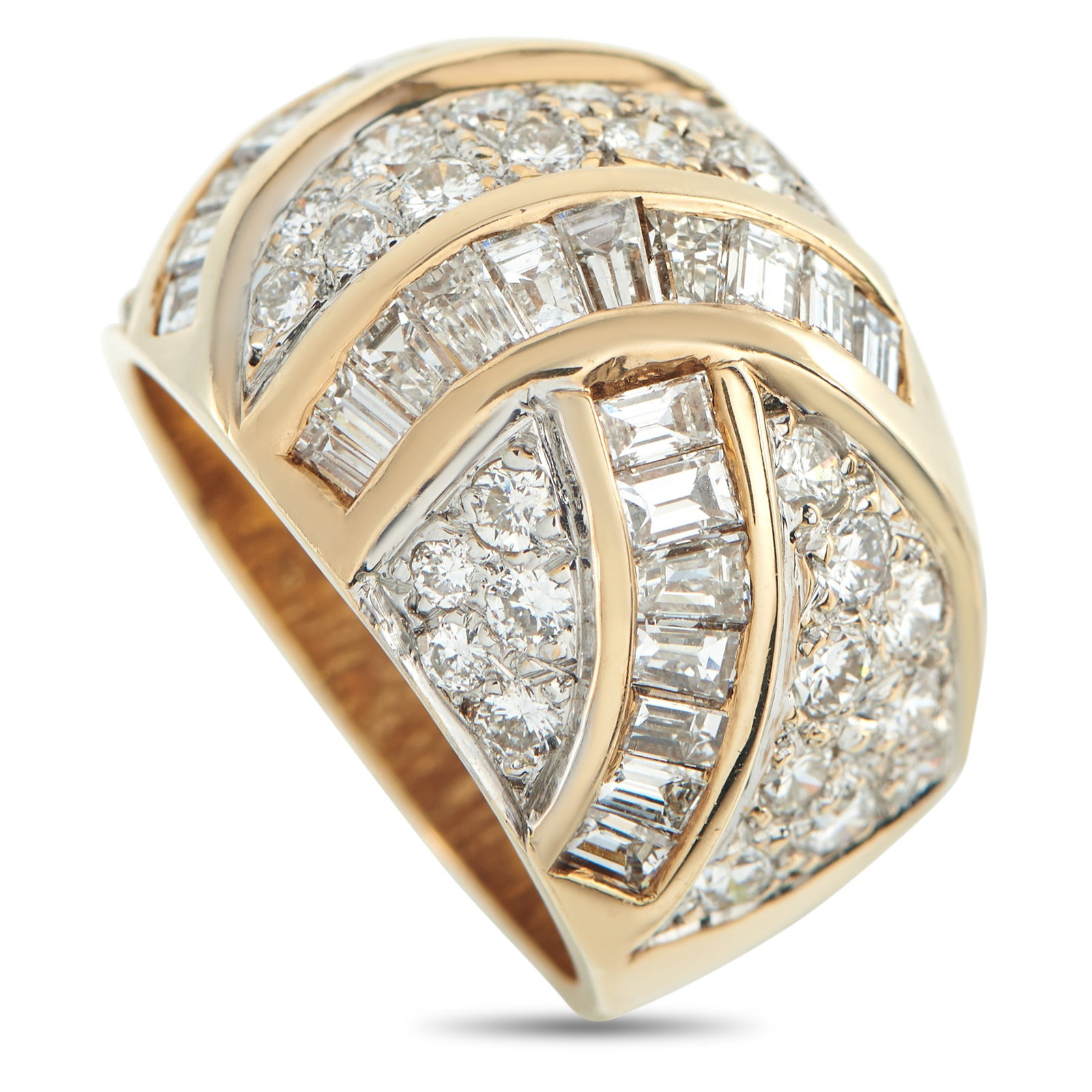 14K Yellow Gold 2.35ct Diamond Ring: This luxury ring is designed to continually make a statement. Sparkling Diamonds with a total weight of 2.35 carats cover the top of this piece’s domed 14K Yellow Gold setting. Featuring a 6mm wide 