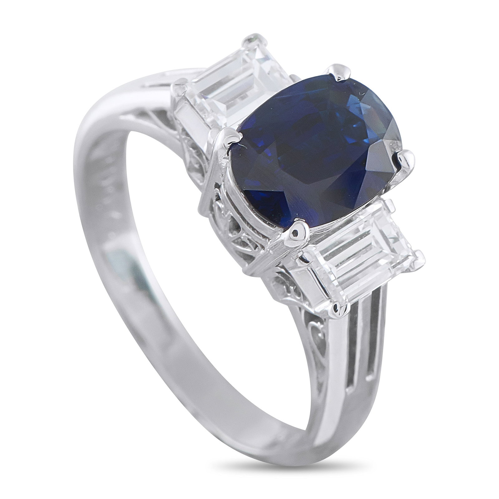 Platinum 0.79ct Diamond and Sapphire Ring: This luxury ring is an elevated piece that will continually captivate. A 1.83 carat Sapphire center stone makes it instantly eye-catching, while Diamond accents totaling 0.79 carats allow it to effort