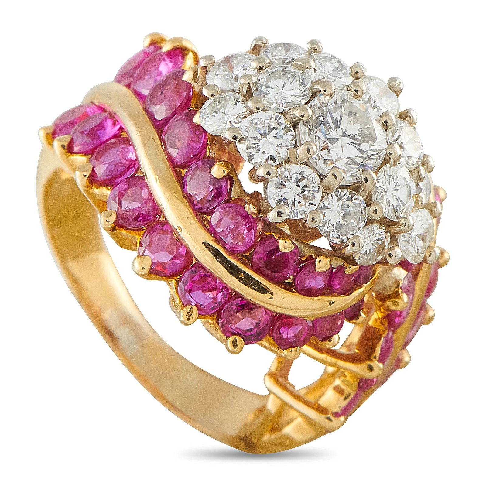 18K Yellow Gold 1.75ct Diamond and Ruby Cocktail Ring: A bold and glamorous cocktail ring in 18K yellow gold, featuring a central cluster of round brilliant diamonds totaling approximately 1.75 ct, dramatically framed by sweeping rows of rubies totaling a