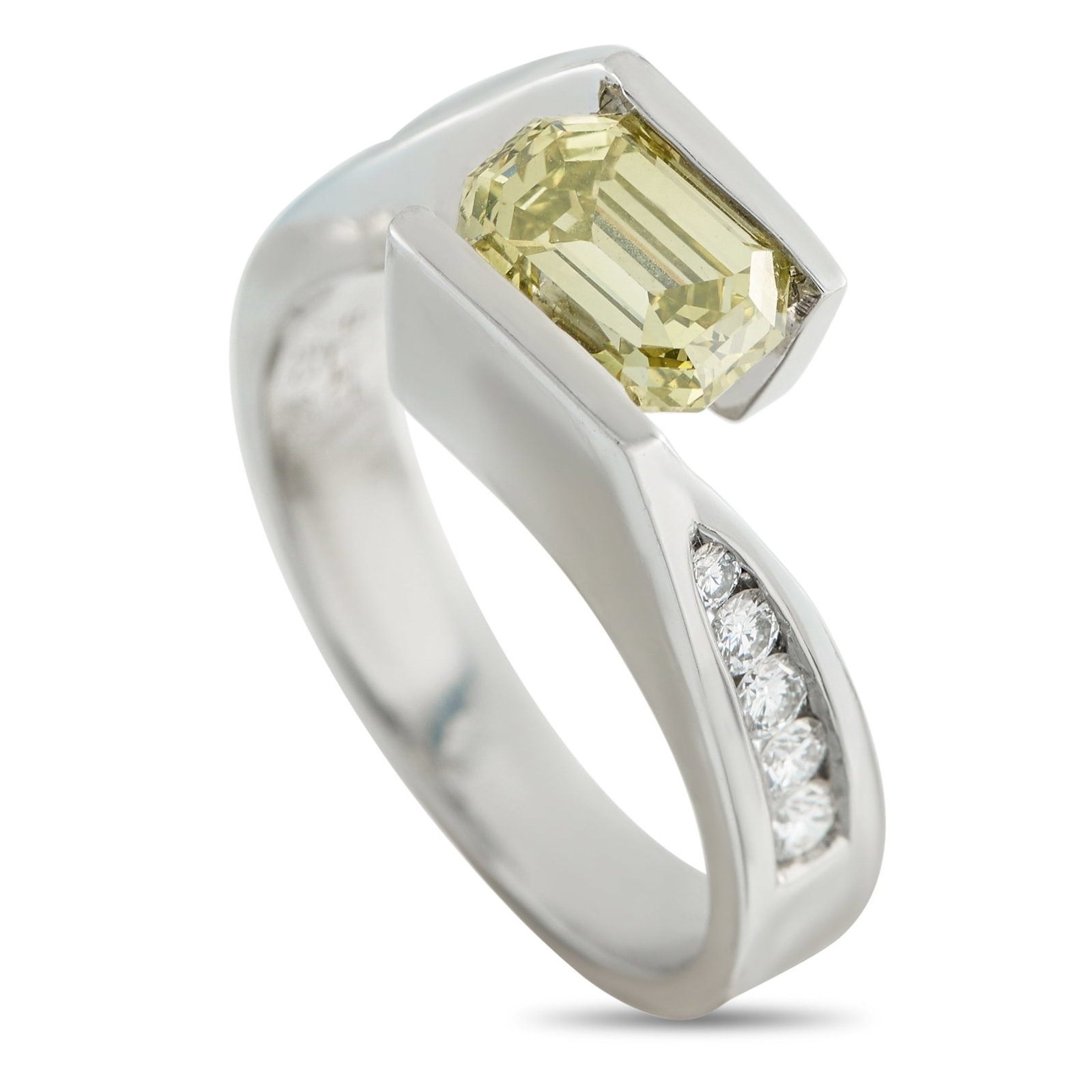 Platinum 1.89ct Diamond Ring: This breathtaking ring is filled with exquisite details. A 1.53 carat yellow Diamond center stone is suspended at the center of the design, allowing it to be viewed from all angles. White Diamond acce