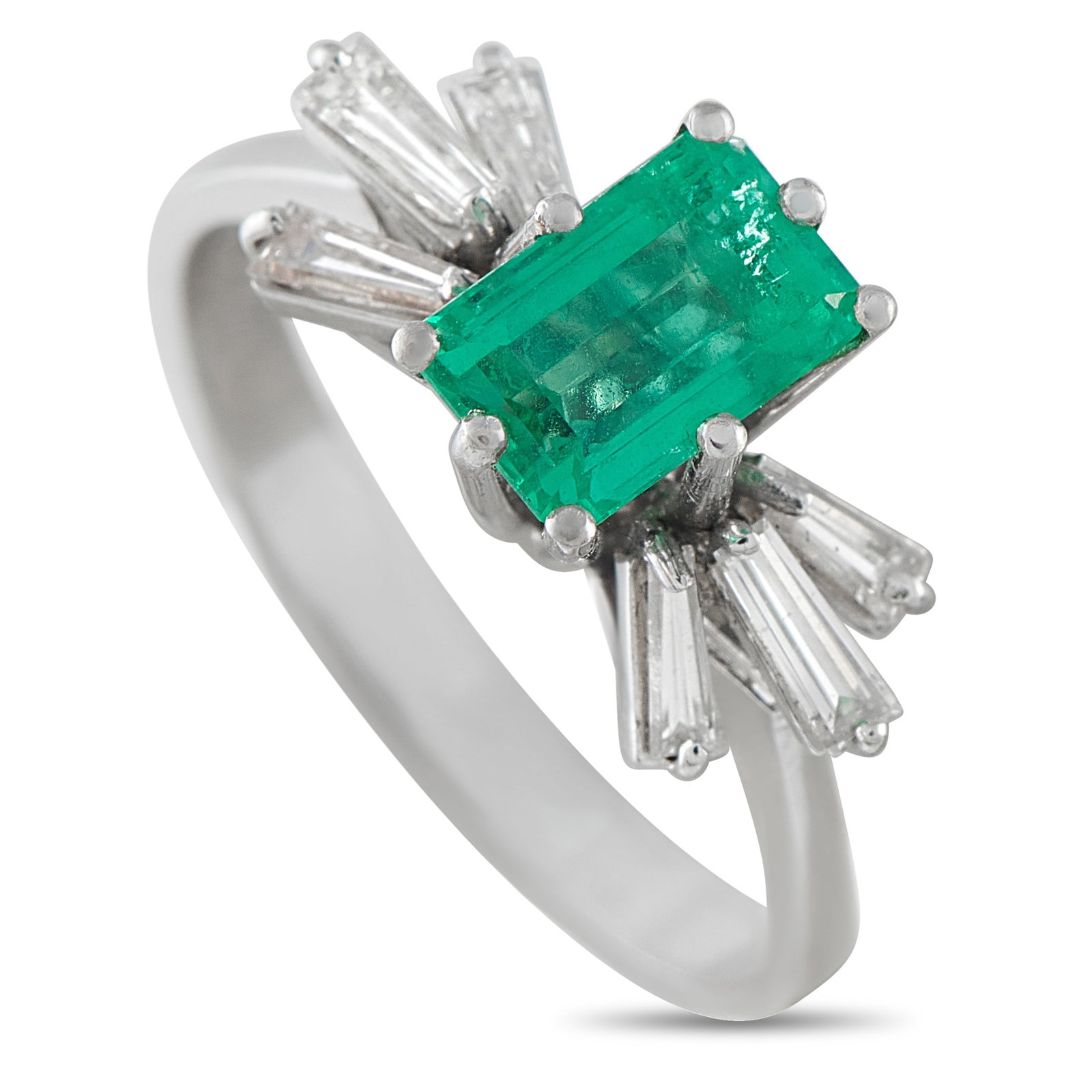 18K White Gold 0.65ct Diamond and Emerald Ring: This luxury ring offers contemporary elegance. Understated yet incredibly impactful, a vibrant 1.30 carat Emerald center stone makes it impossible to ignore. It also includes sparkling Diamond accents