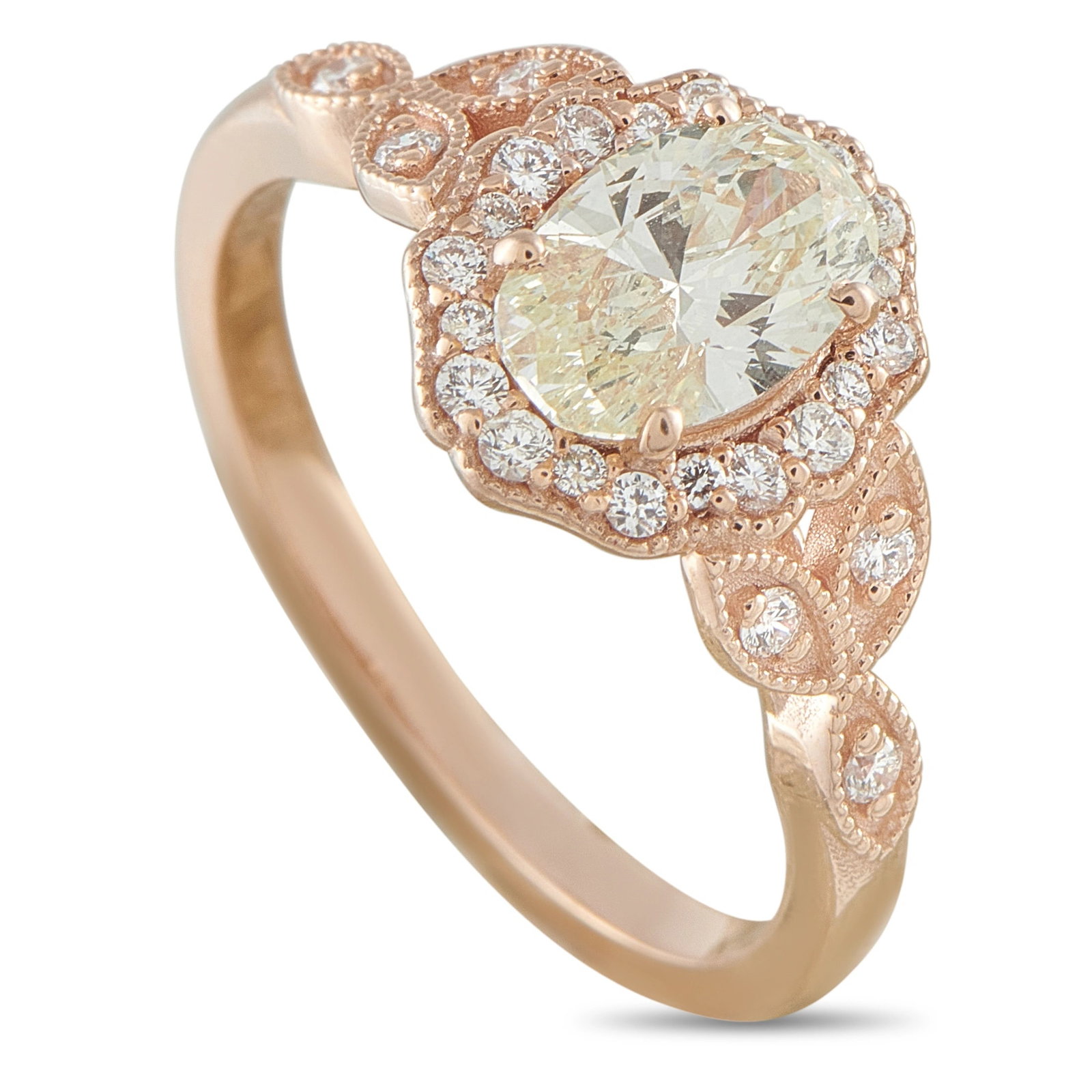 14K Rose Gold 1.17ct Diamond Oval Halo Ring: A romantic and elegantly detailed ring in 14K rose gold, centering a 0.95 ct oval-cut Fancy Light Yellow diamond within a scalloped halo of round brilliant diamonds. Marquise-shaped openwork shoulders