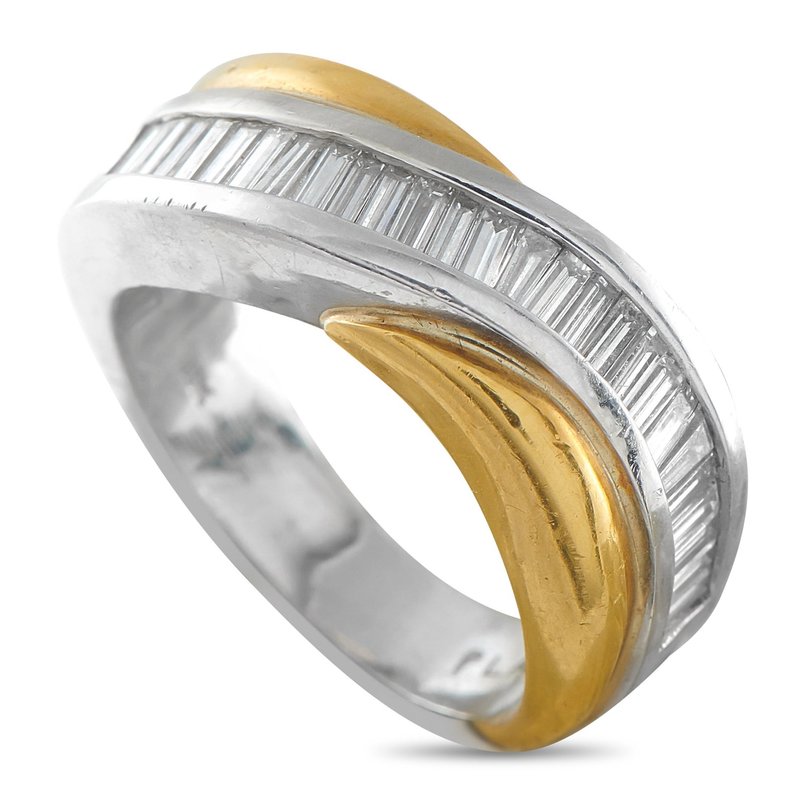 Platinum and 18K Yellow Gold 1.0ct Diamond Ring: A two-toned design adds dimension and visual impact to this elegant, understated ring. At the center, Diamonds with a total weight of 1.0 carats make a sparkling statement. Crafted from a combination 