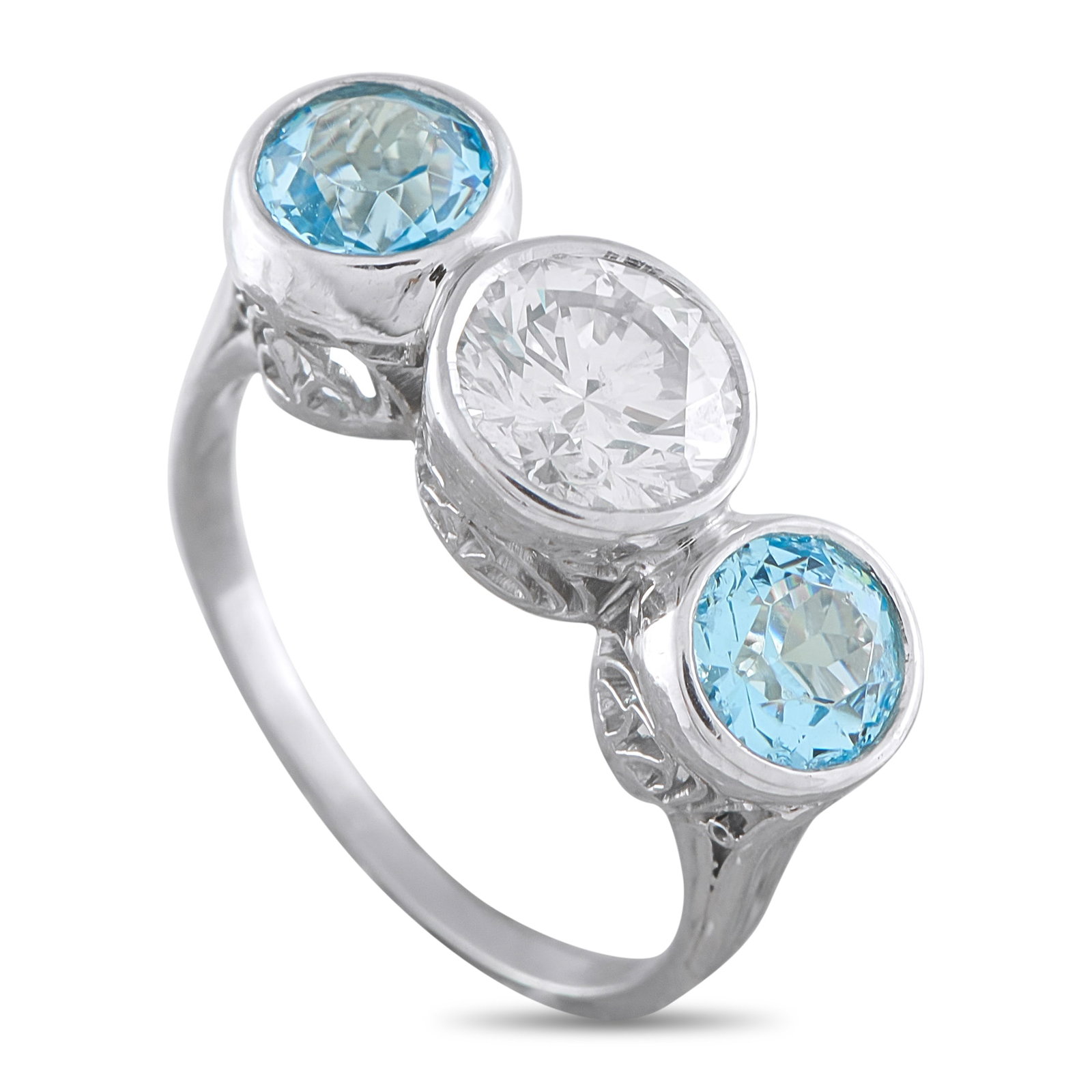Platinum 1.10ct Diamond and Blue Zircon Ring: This luxury ring is incredibly chic. A contemporary take on classic three-stone design, it features a 1.10 carat Diamond center stone flanked by Blue Zircon stones with a total weight of 1.0 carats. S
