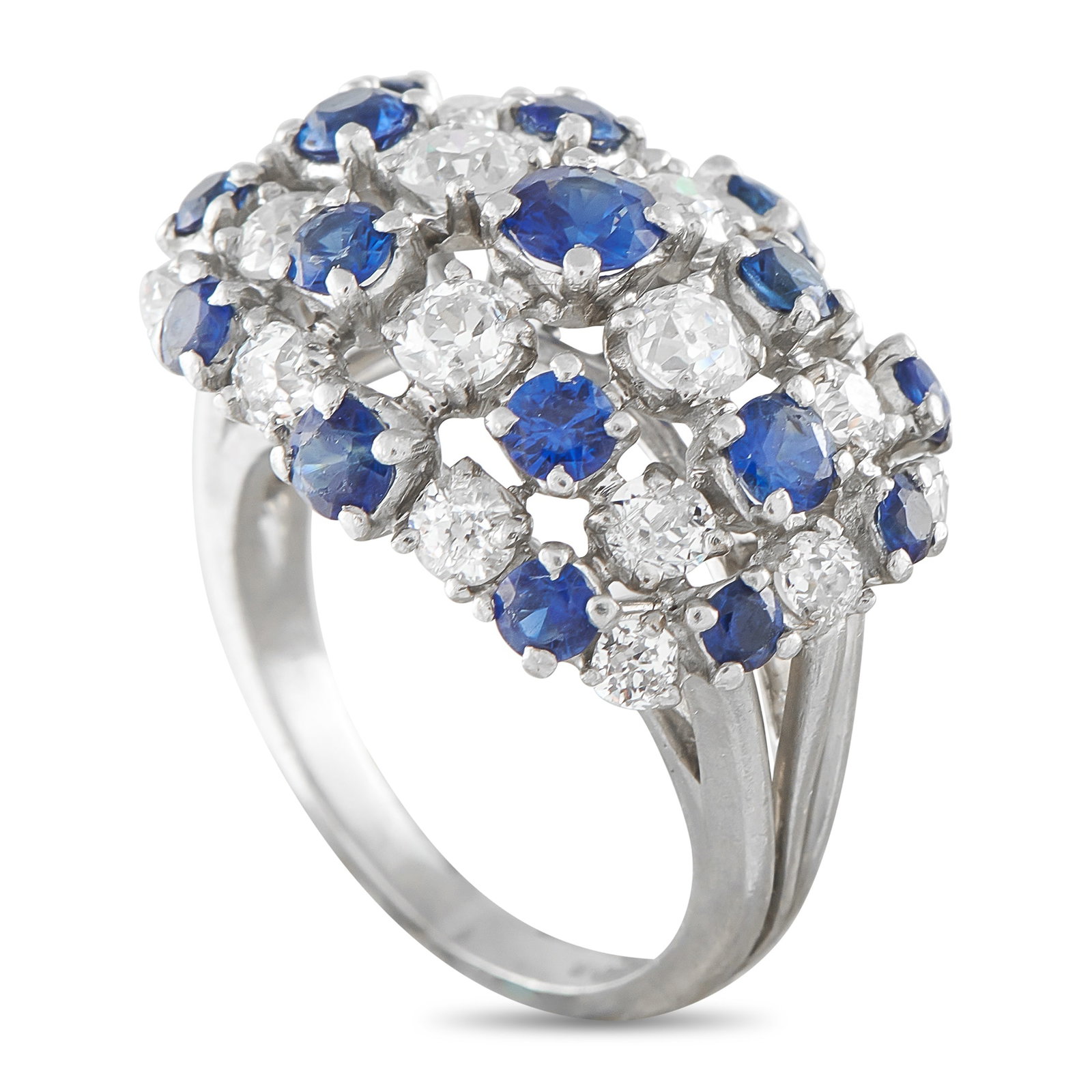 Platinum 1.40ct Diamond and Sapphire Ring: Diamonds with a total weight of 1.40 carats and Sapphires totaling 1.80 carats alternate at the top of this exquisite ring. Set in Platinum, a 2mm wide band and an 8mm top height make it an elegant ad