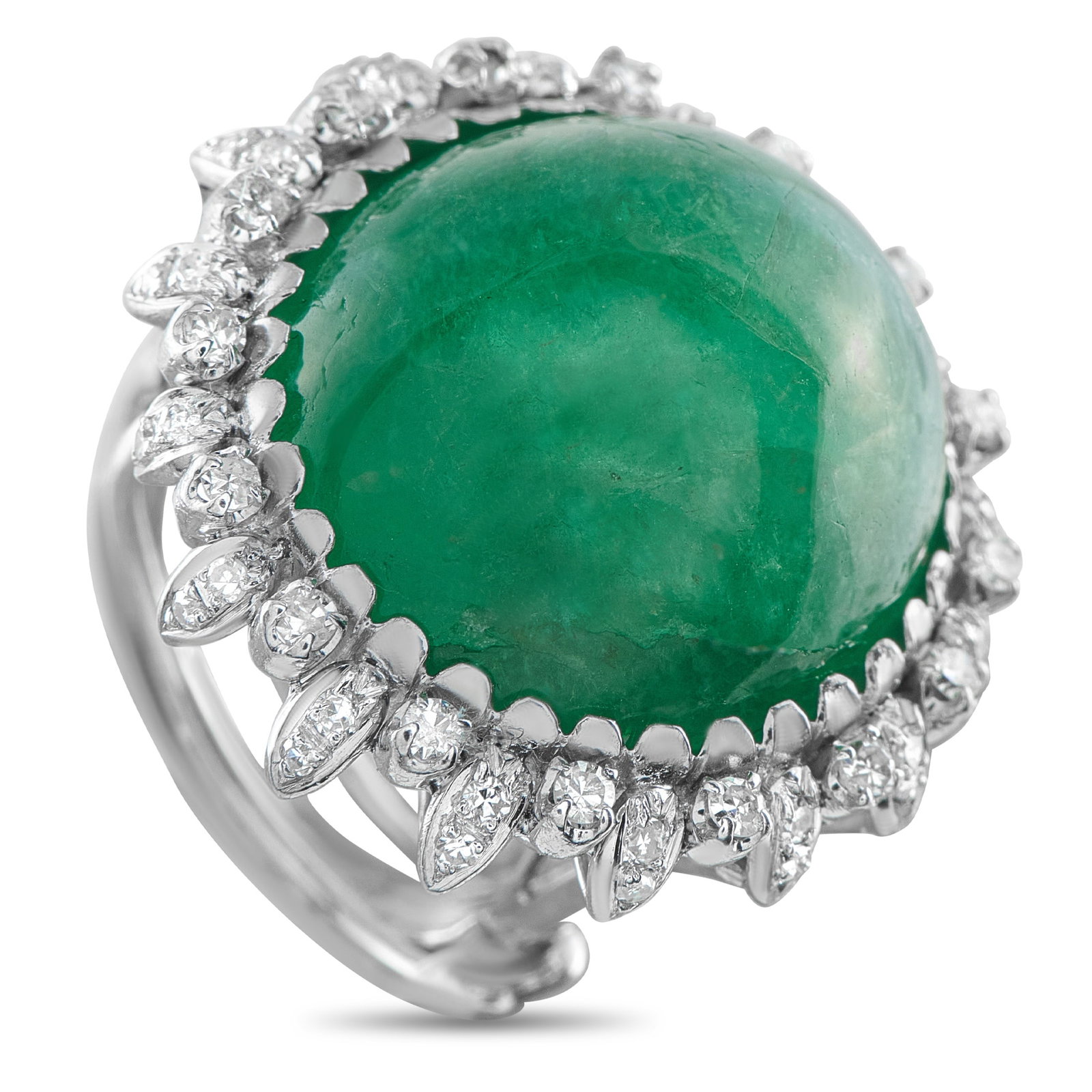 14K White Gold 0.30ct Diamond and Emerald Ring: This luxury ring is stylish and sophisticated. Crafted from 14K White Gold, the 30.0 carat Emerald cabochon center stone makes it decidedly dramatic. A halo of Diamonds with a total weight of 0.30 car