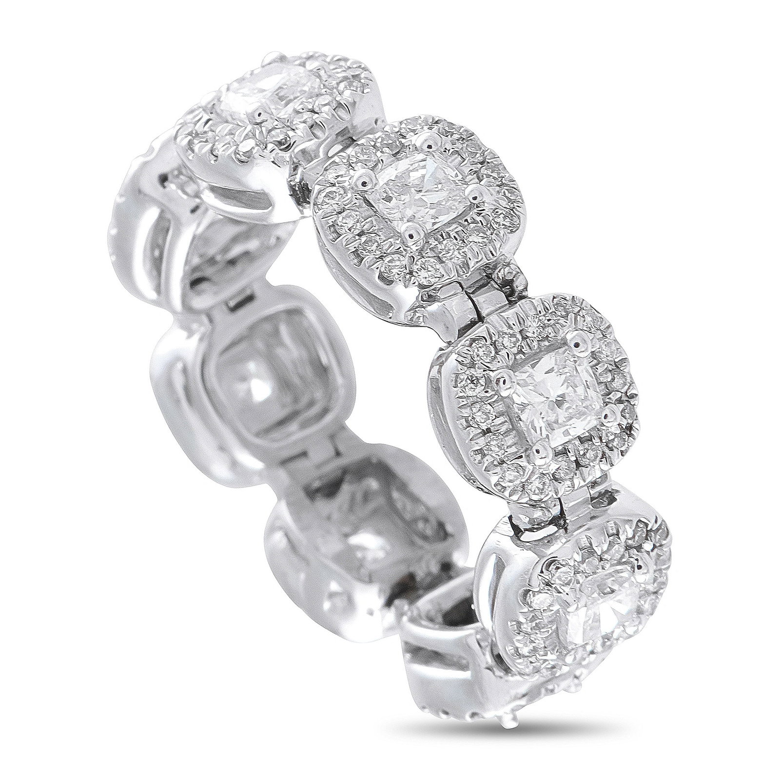 18K White Gold 2.20ct Diamond Halo Eternity Ring: A breathtaking eternity band in 18K white gold, set throughout with cushion-cut diamonds, each individually framed by a halo of round brilliant diamonds totaling 2.20 ct TW. The articulated design all