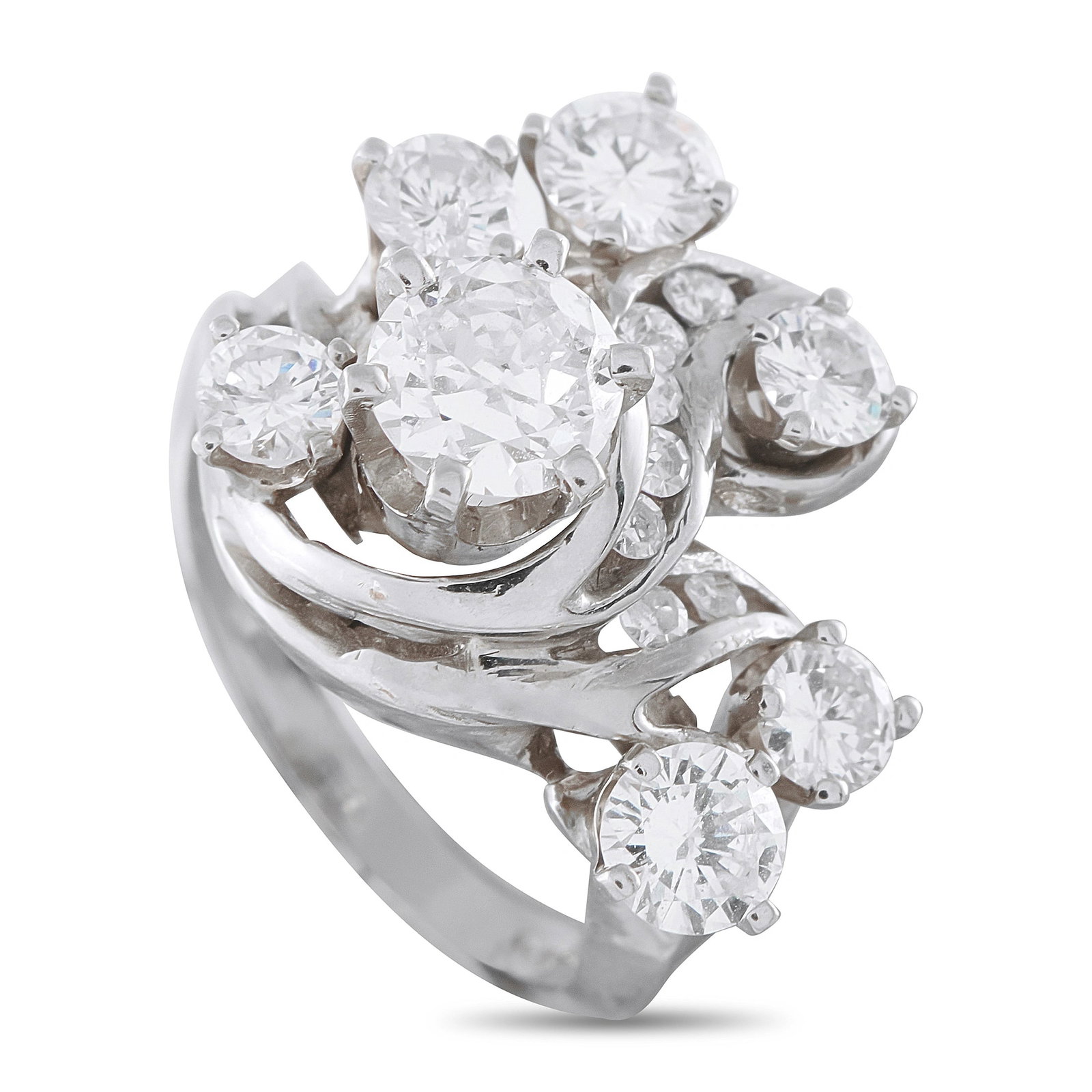 14K White Gold 2.15ct Diamond Cluster Ring: A spectacular estate 14K white gold diamond cluster ring featuring approximately 2.15 carats of round brilliant diamonds arranged in a sweeping, asymmetrical spray design. A larger center diamond is e