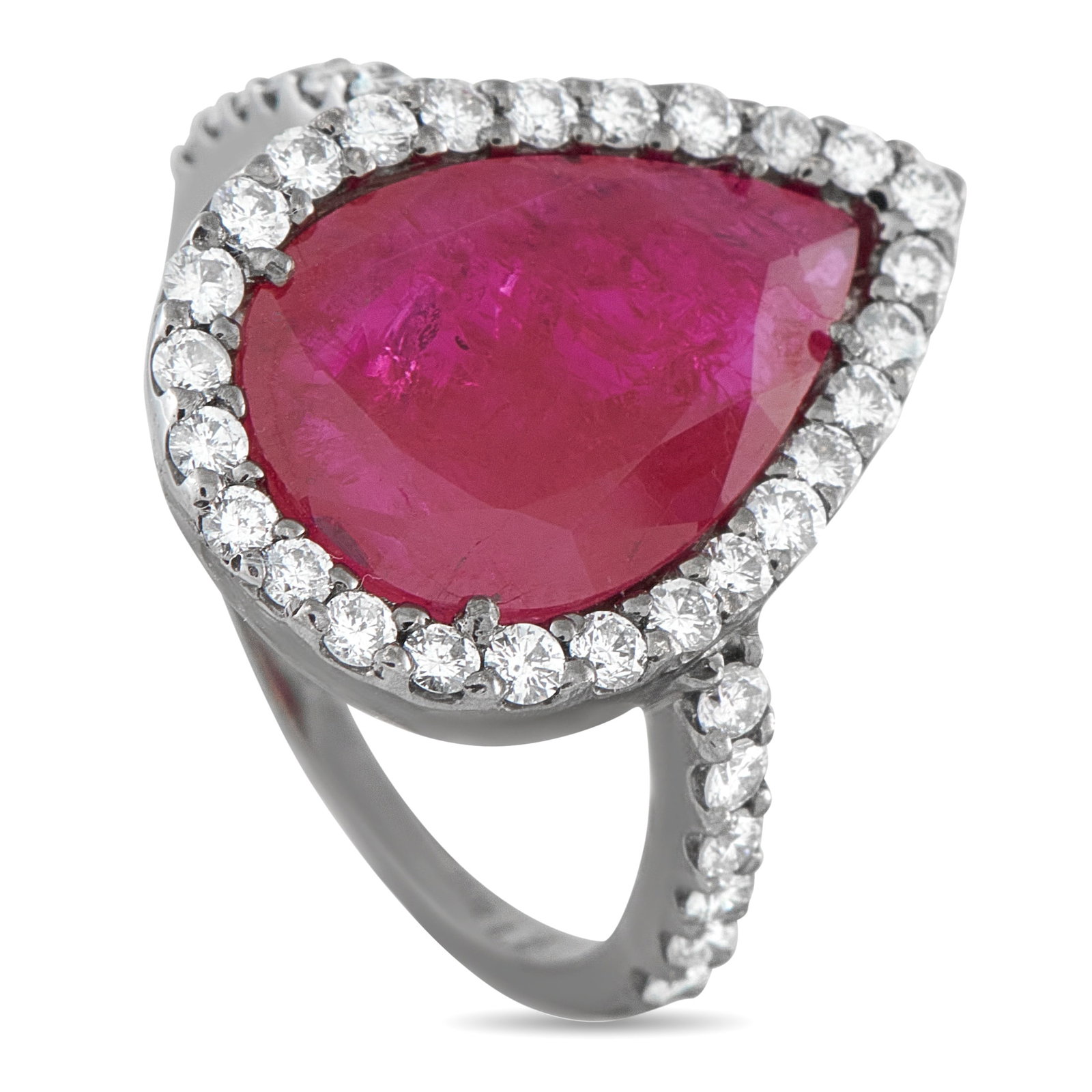 18K White Gold 0.57ct Diamond and Ruby Ring: This radiant ring is designed to continually capture your imagination. A 2.50 carat pear-shaped Ruby center stone offers a bold pop of color, while Diamonds totaling 0.57 carats offer endless sparkle.