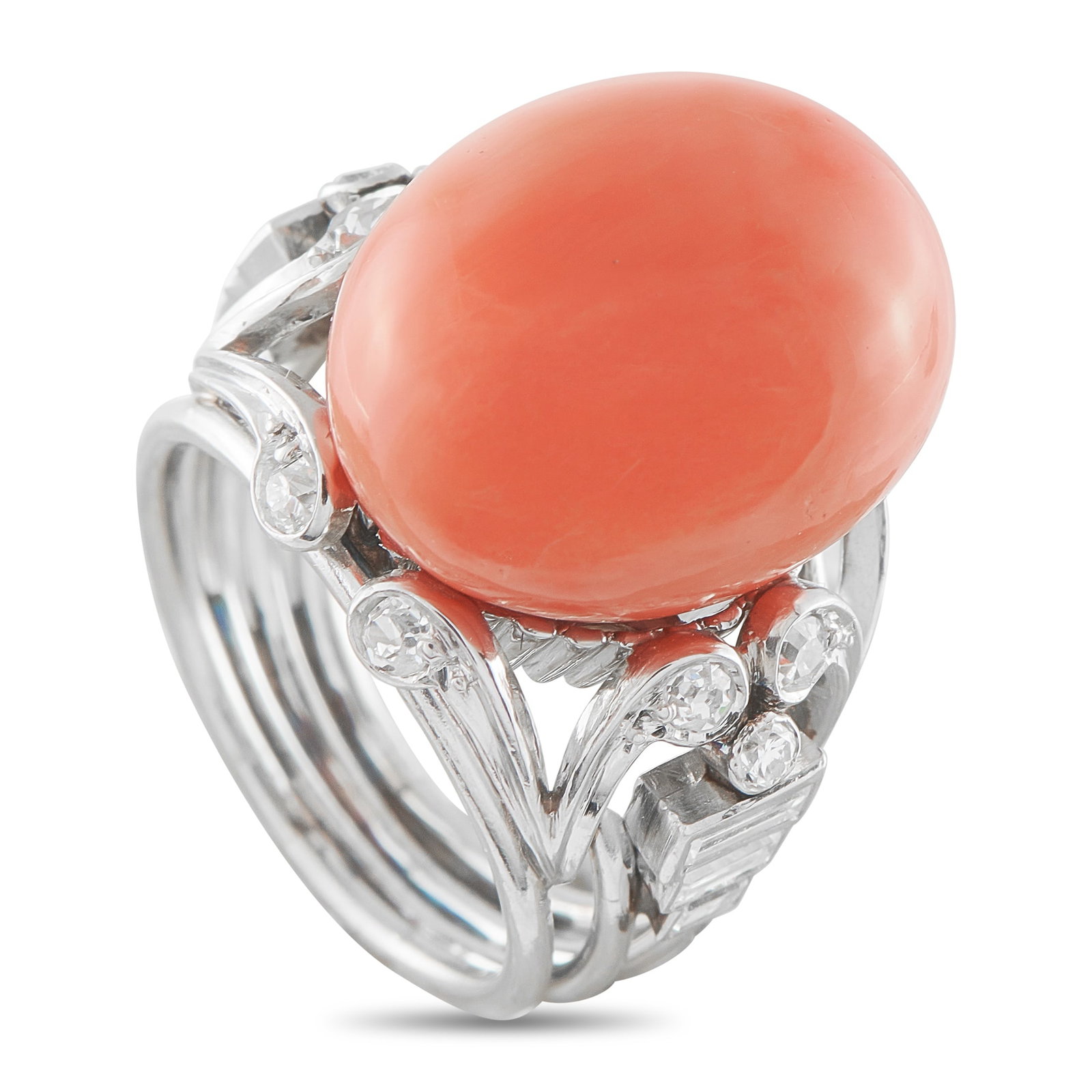 Platinum 0.50ct Diamond and Coral Ring: Add a bold pop of color to any ensemble with this exquisite ring. At the center of the detailed Platinum setting, a vibrant Coral gemstone serves as a stunning focal point. Diamond accents totaling 0.