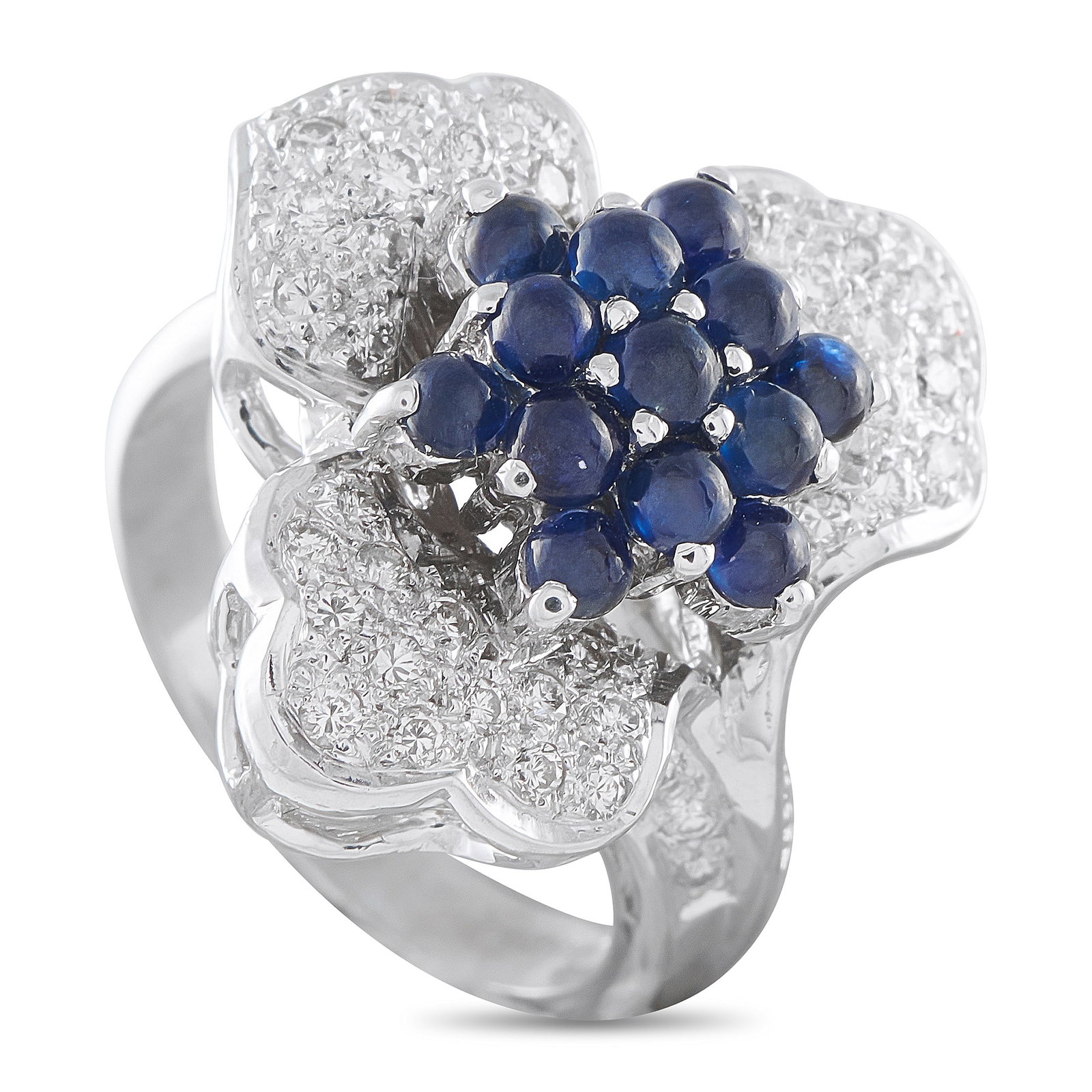 18K White Gold 0.48ct Diamond and Sapphire Ring: A stylish floral motif adds elegance to this exquisite luxury ring. Set in 18K White Gold, Diamonds with a total weight of 0.48 carats surround Sapphire cabochons that possess a total weight of 1.20 c