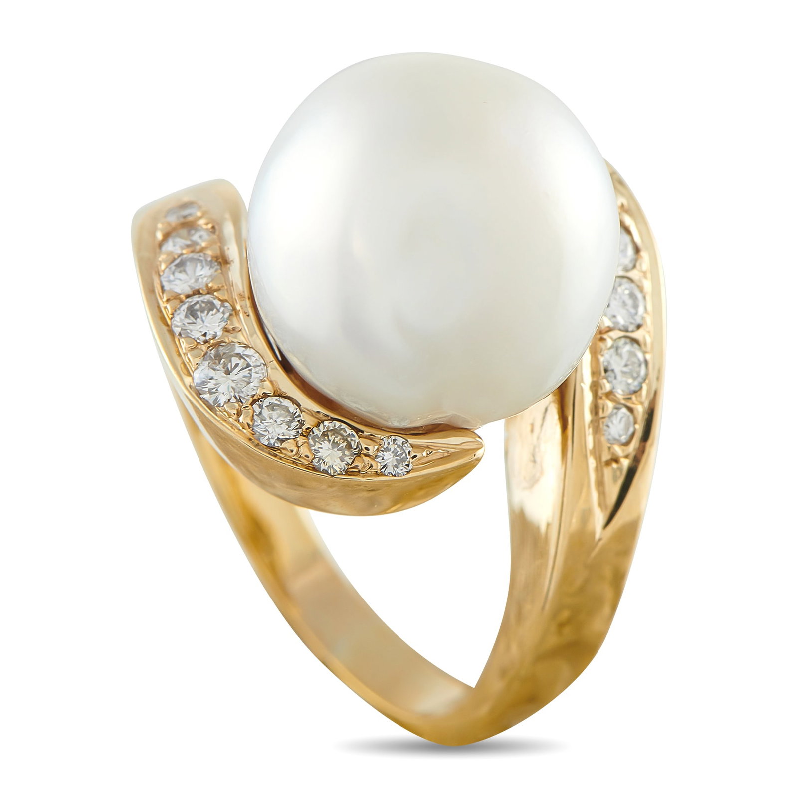 14K Yellow Gold 0.45ct Diamond and Pearl Ring: This ring is stylish and incredibly statement making. A minimalist 14K Yellow Gold setting highlights the beauty of the 14mm Pearl center stone. Inset Diamonds with a total weight of 0.45 carats add a