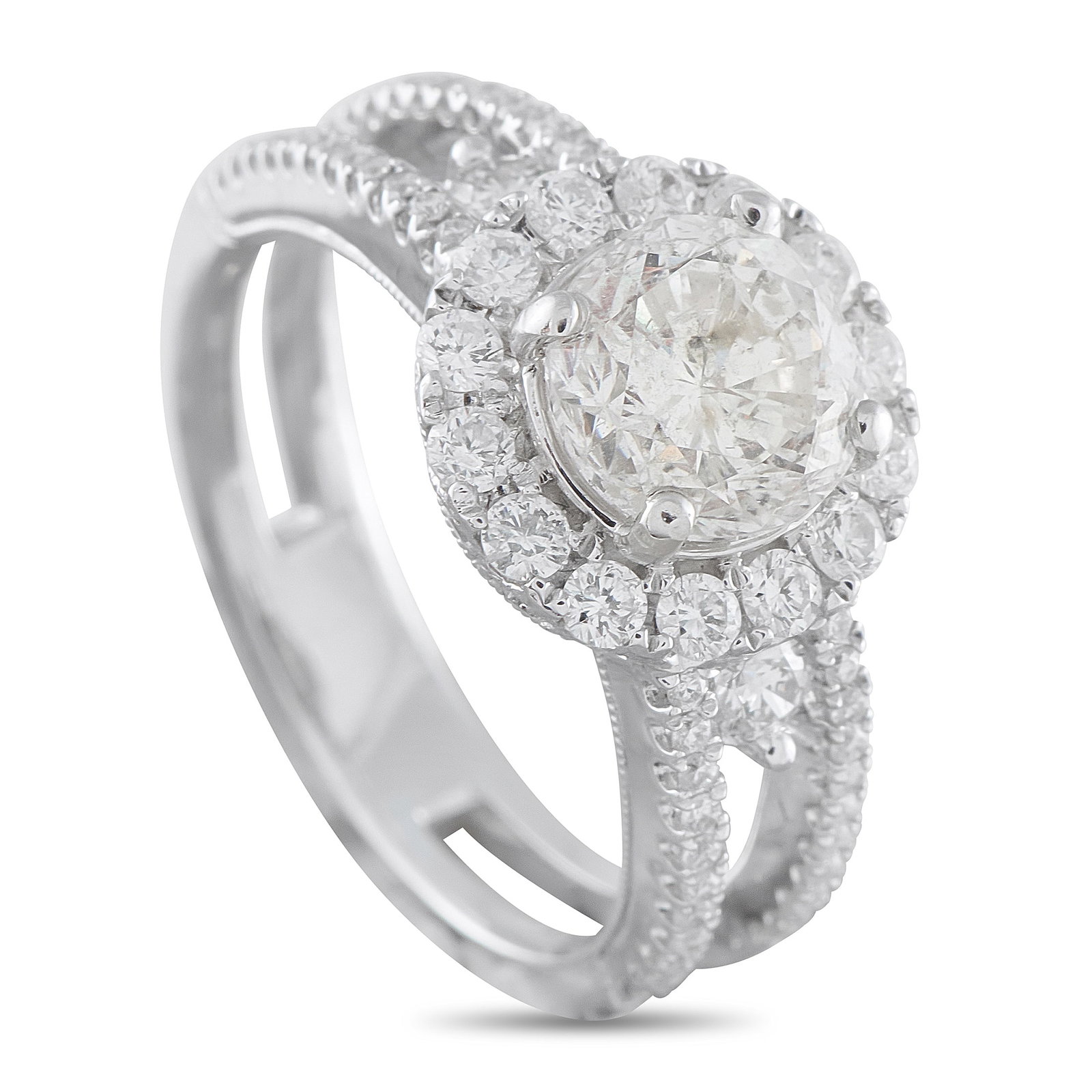 18K White Gold 2.16ct Diamond Ring: A timeless design ensures this luxury ring will never go out of style. At the center, a 1.36 carat Diamond center stone offers endless sparkle. Additional Diamonds totaling 0.80 carats surround the ce