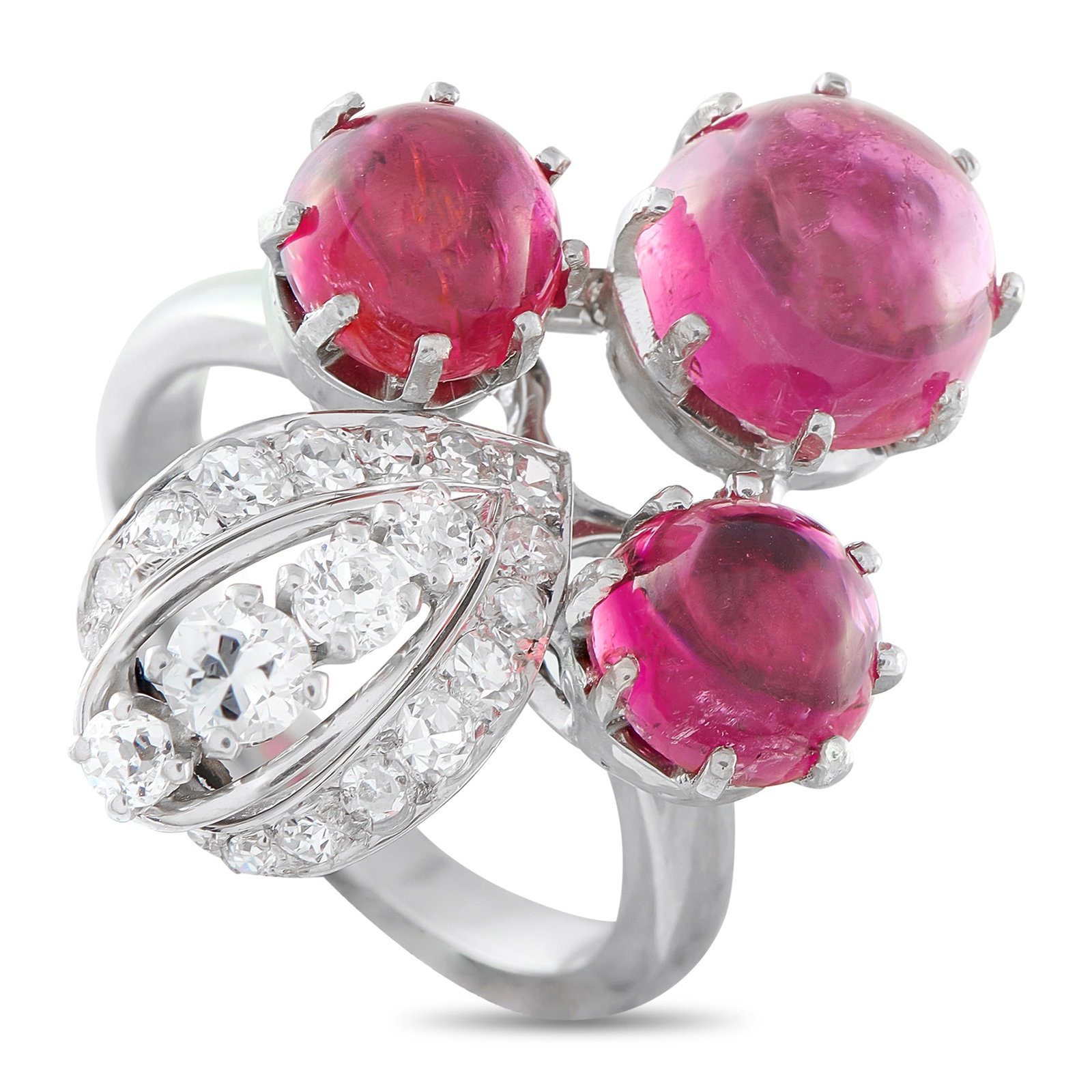 Platinum 0.60ct Diamond and Tourmaline Ring: This luxury ring is unlike anything you’ve seen before. A trio of red Tourmaline cabochons with a total weight of 5.50 carats add color and texture to the dynamic design. Diamonds accents totaling 0