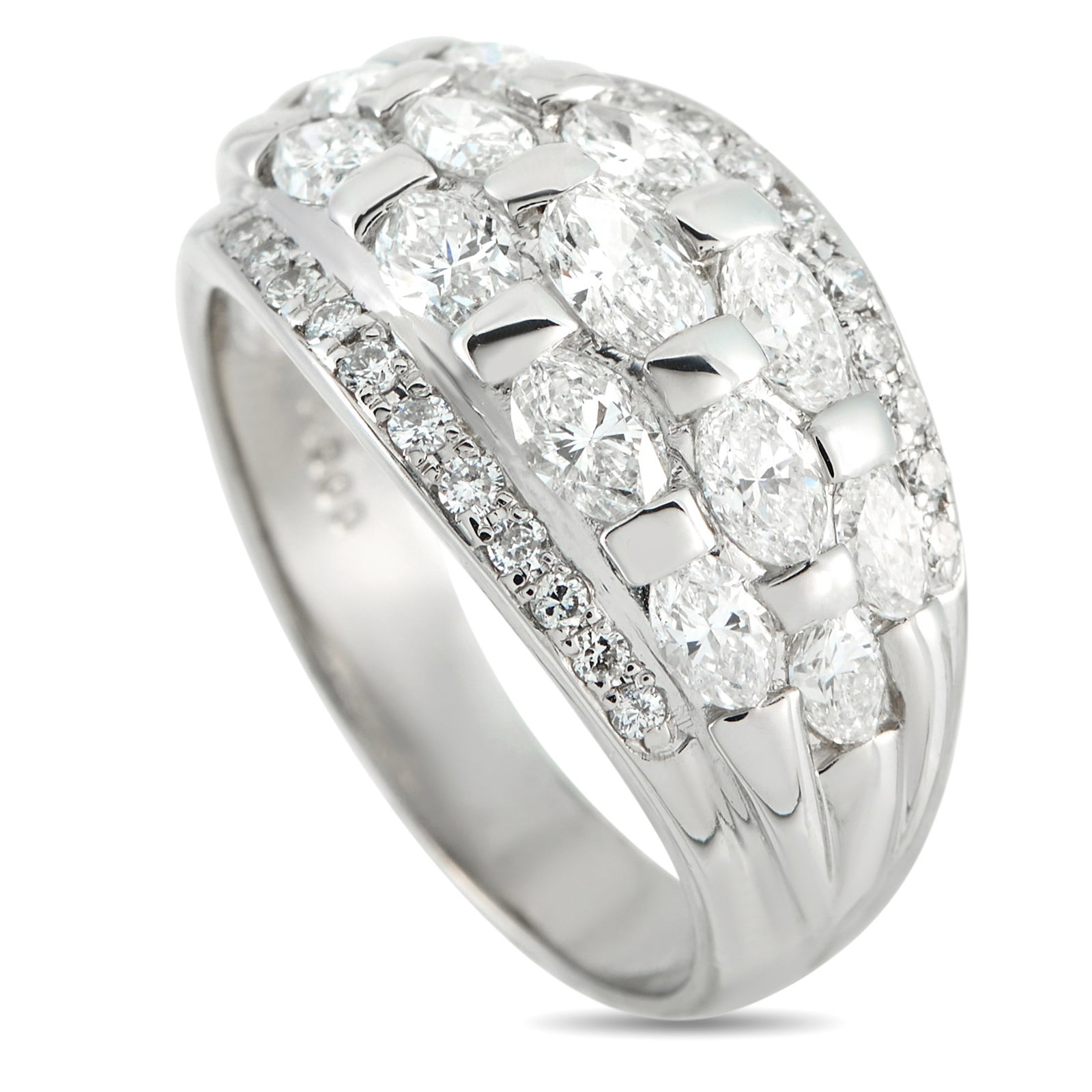 Platinum 2.03ct Diamond Dome Ring: This platinum dome ring catches light in sculpted succession. Three rows of marquise diamonds, totaling 2.03 carats, arc across its top, divided by short panels of polished platinum. Along the outer e