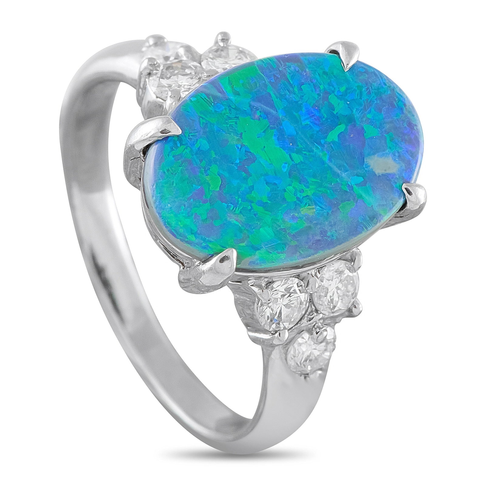 Platinum 0.40ct Diamond and Australian Black Opal Ring: A breathtaking 2.7 carat Australian Black Opal makes a statement at the center of this luxury ring. At the sides piece’s simple Platinum setting, Diamonds with a total weight of 0.40 carats provide 