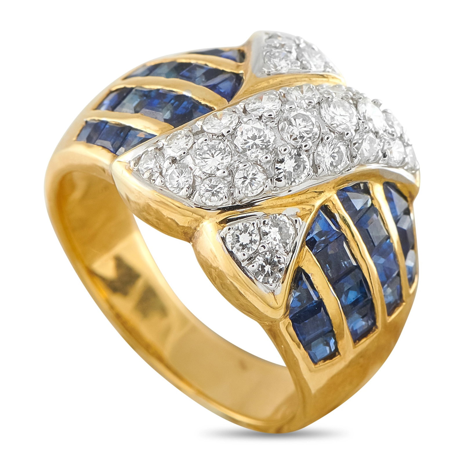 18K Yellow Gold 0.61ct Diamond and Sapphire Ring: A striking crossover ring in 18K yellow gold, set with round brilliant diamonds totaling 0.61 ct and vivid blue sapphires totaling 0.84 ct. The bands elegantly overlap at the center, creating a fluid,
