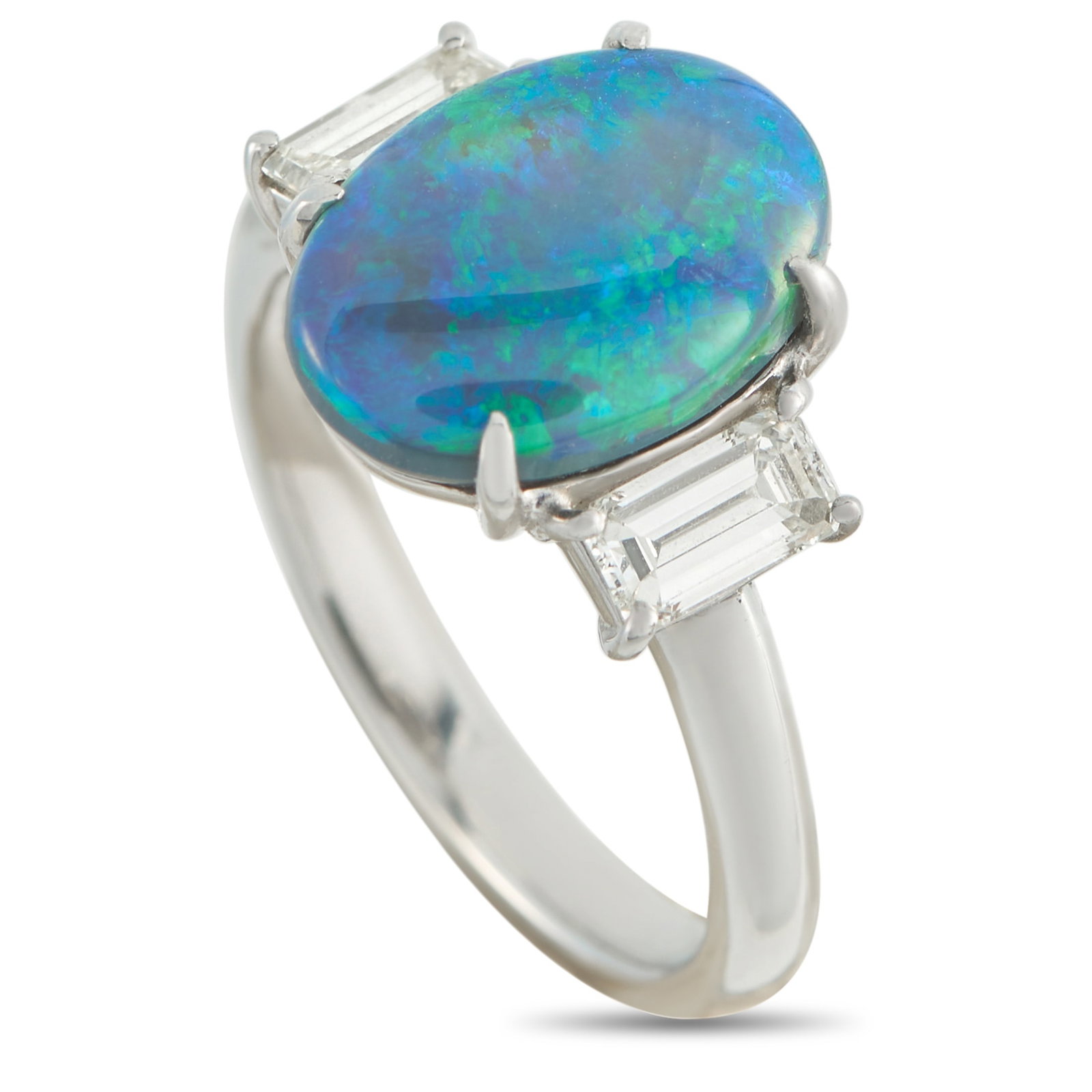 Platinum 0.71ct Diamond and Opal Ring: A captivating 2.81 carat Opal adds color, depth, and dimension to this exquisite ring. Set in Platinum, Diamond accents with a total weight of 0.71 carats flank the center stone and offer a touch of t